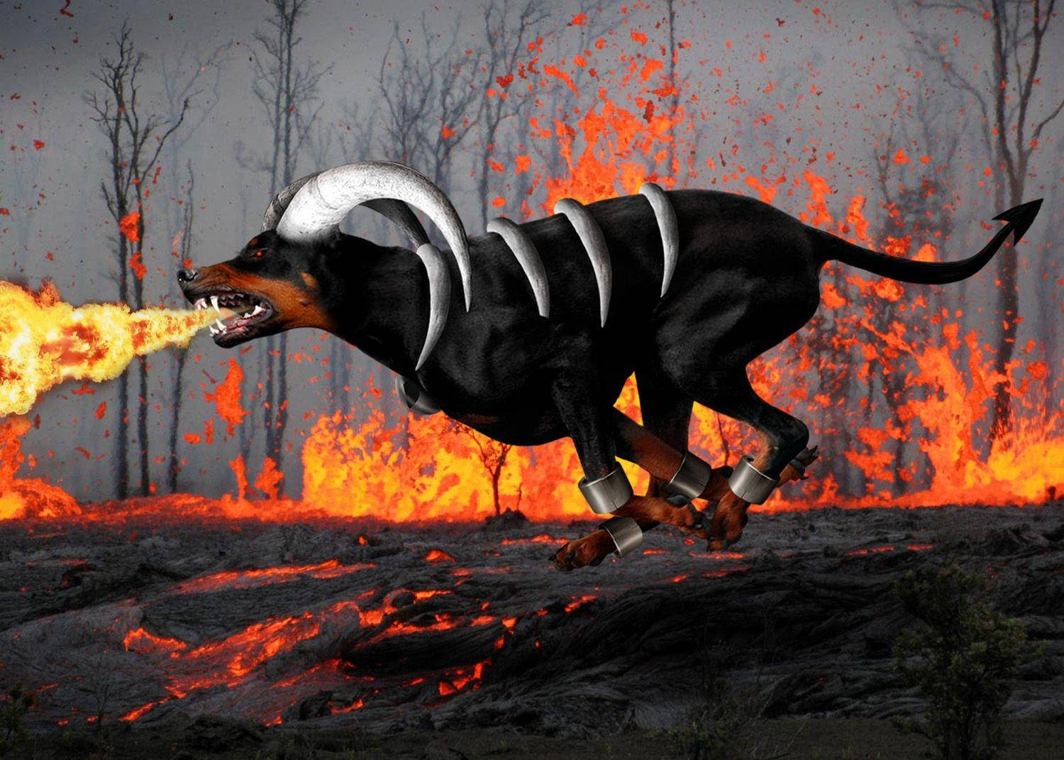 Realistic Houndoom Burning Down A Forest Background