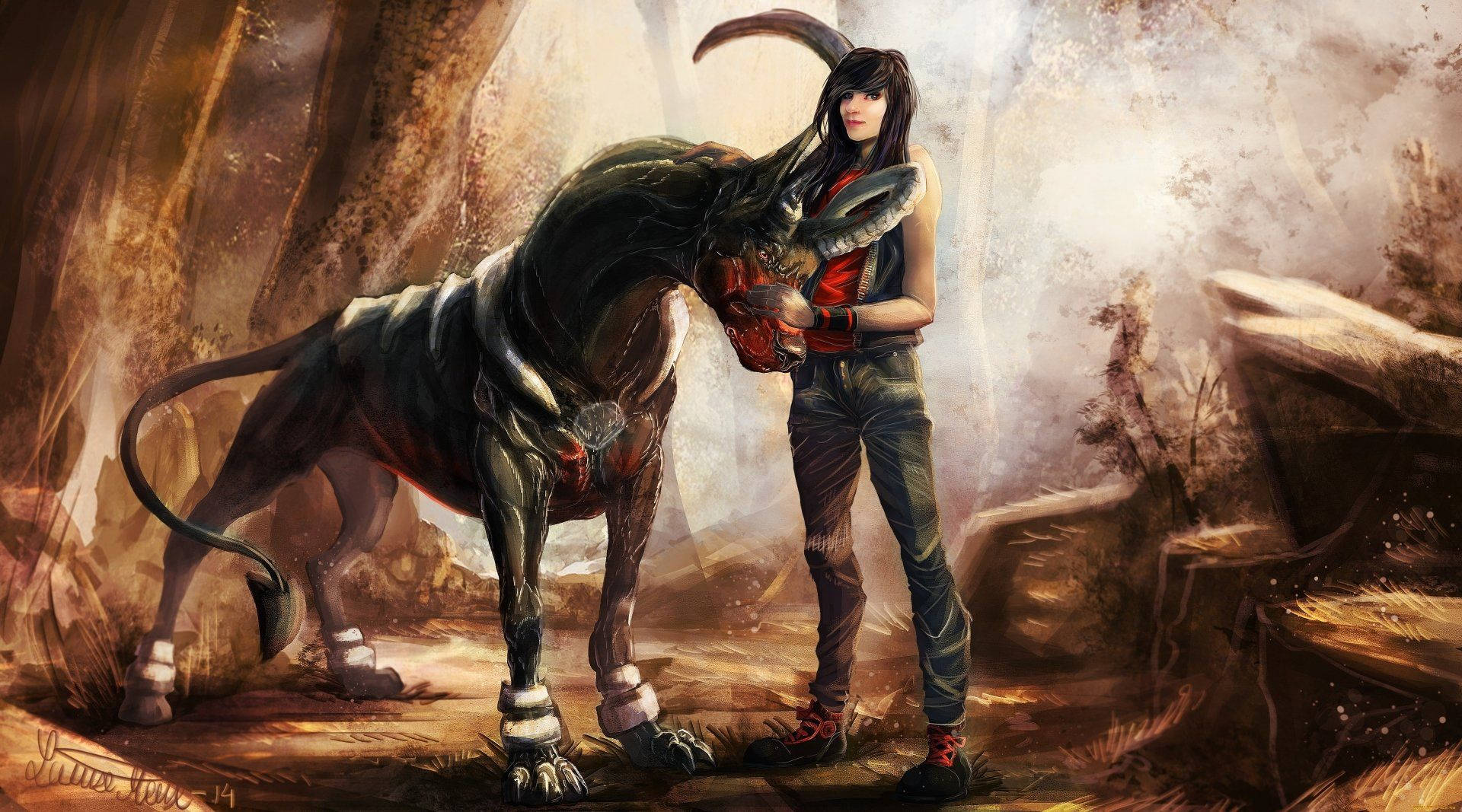 Realistic Houndoom With Trainer Background