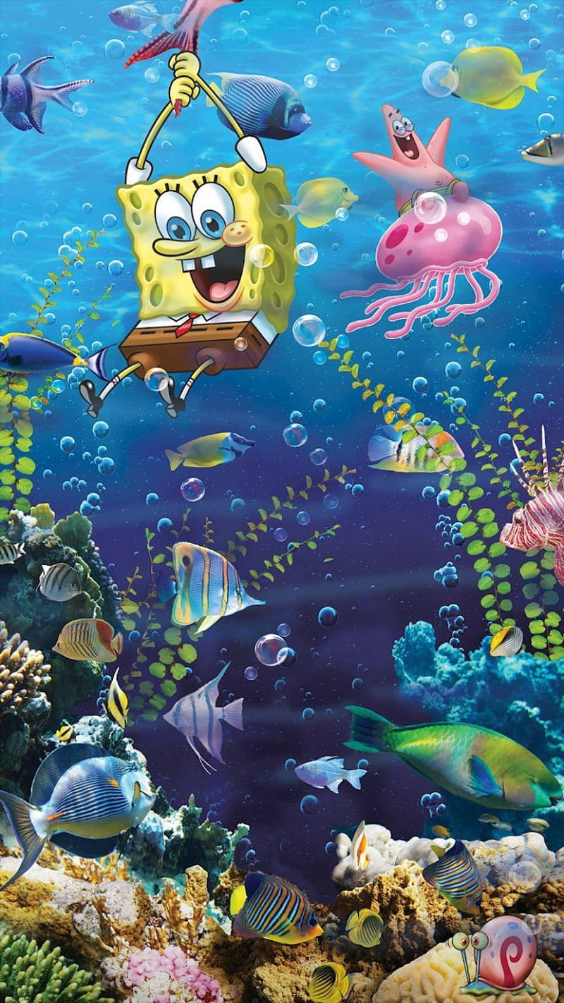 Realistic Spongebob And Patrick With Fishes Background