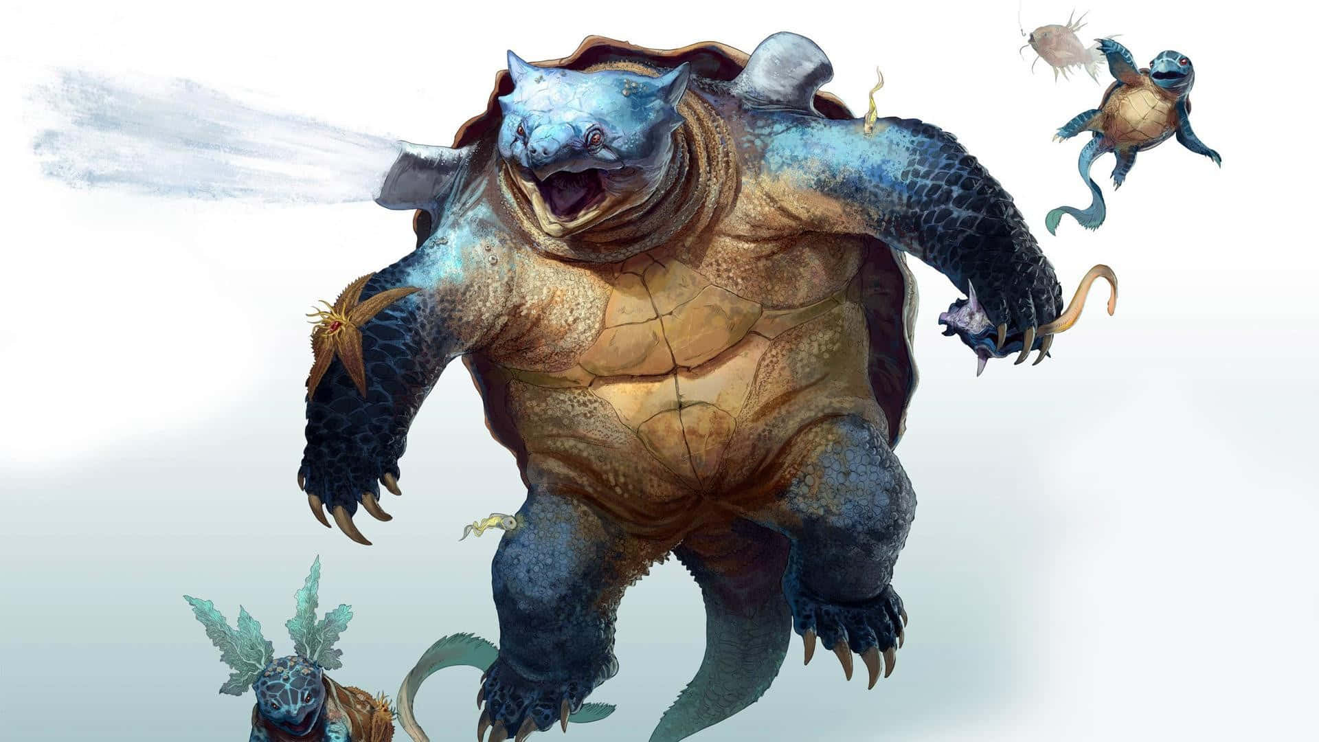 Realistic Squirtle, Wartortle, And Blastoise Background