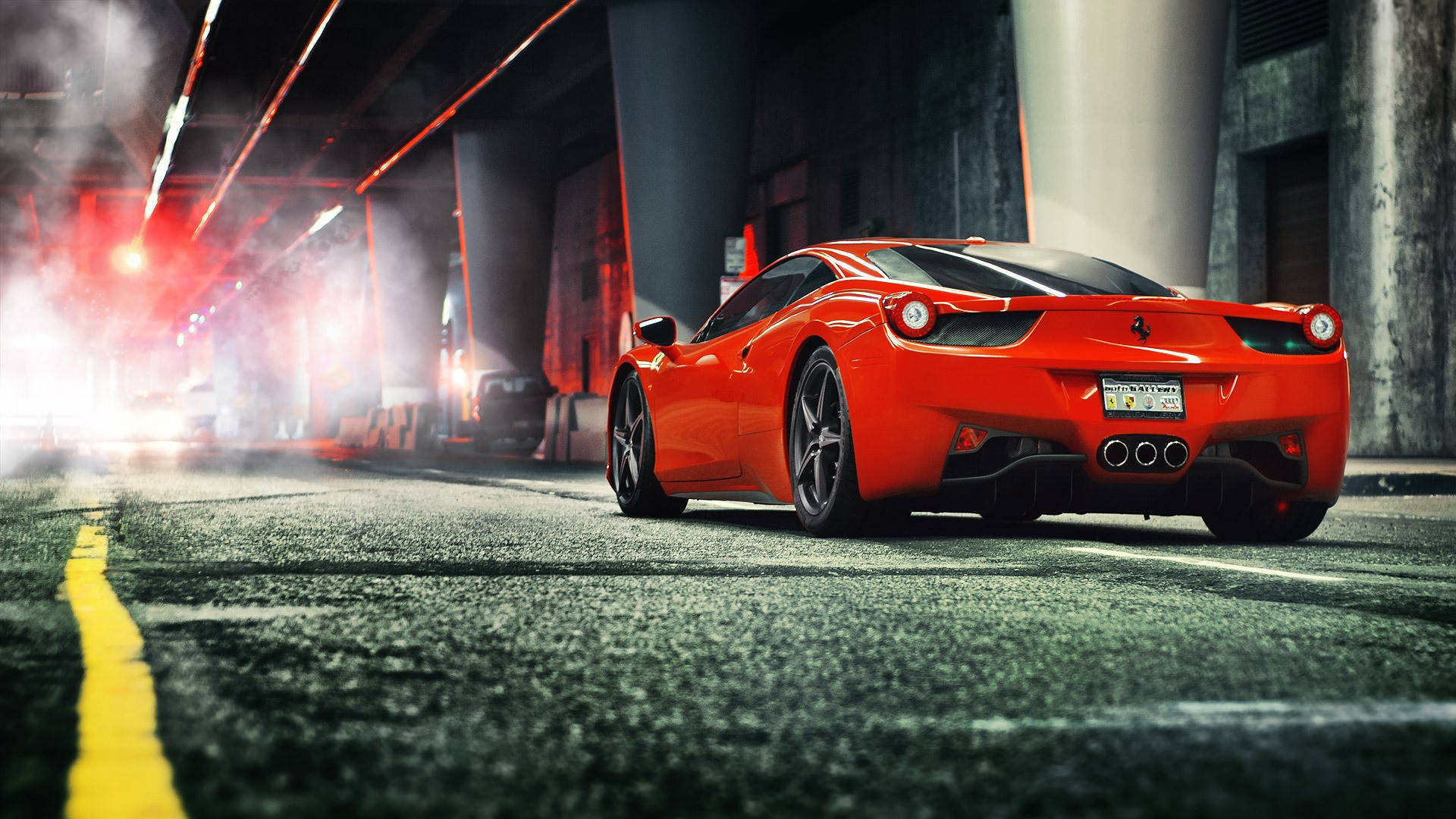 Red 1920x1080 Ferrari 458 Italia Under An Elevated Highway Background