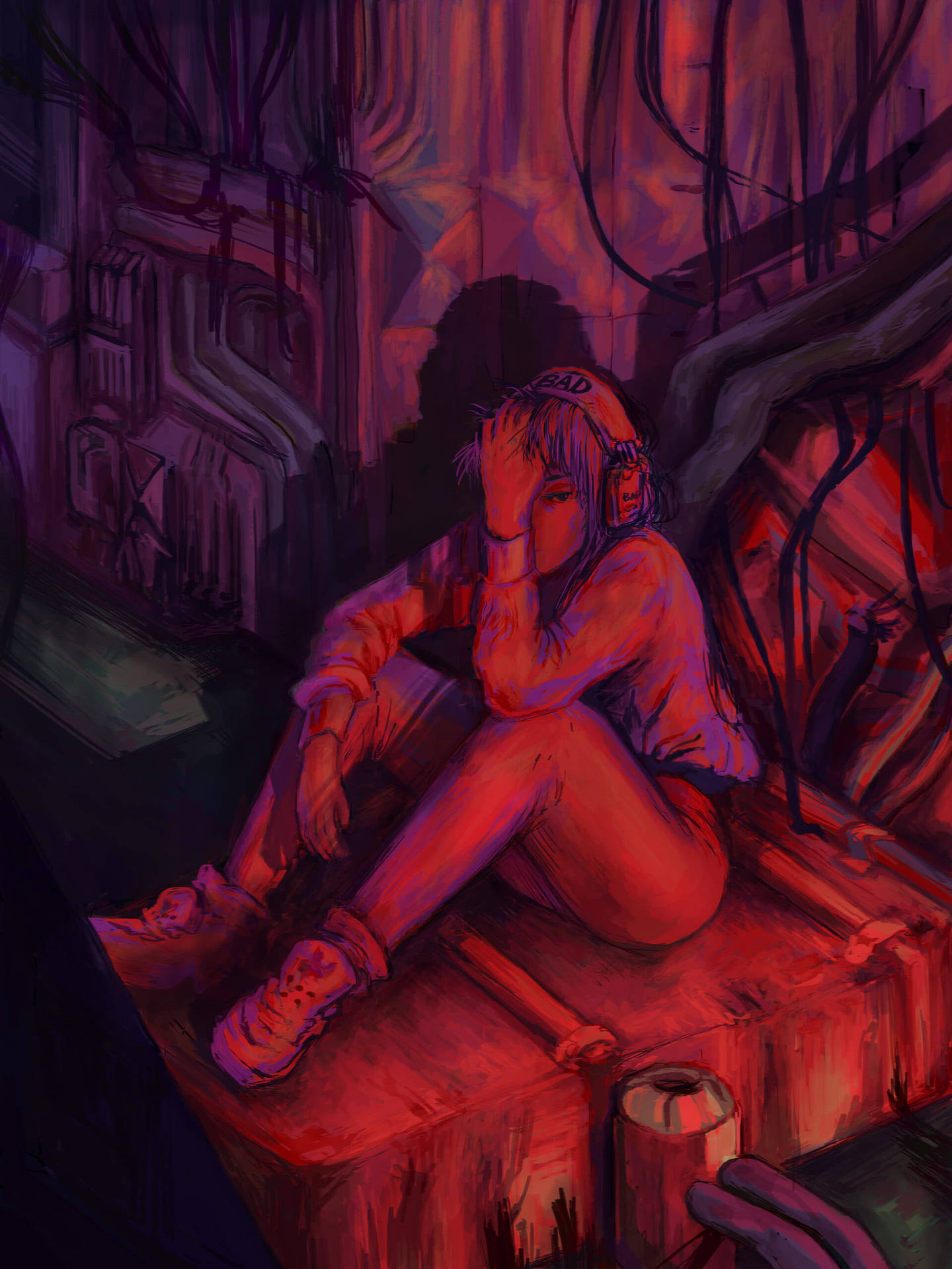 Red Aesthetic Girl Sad Drawing Background