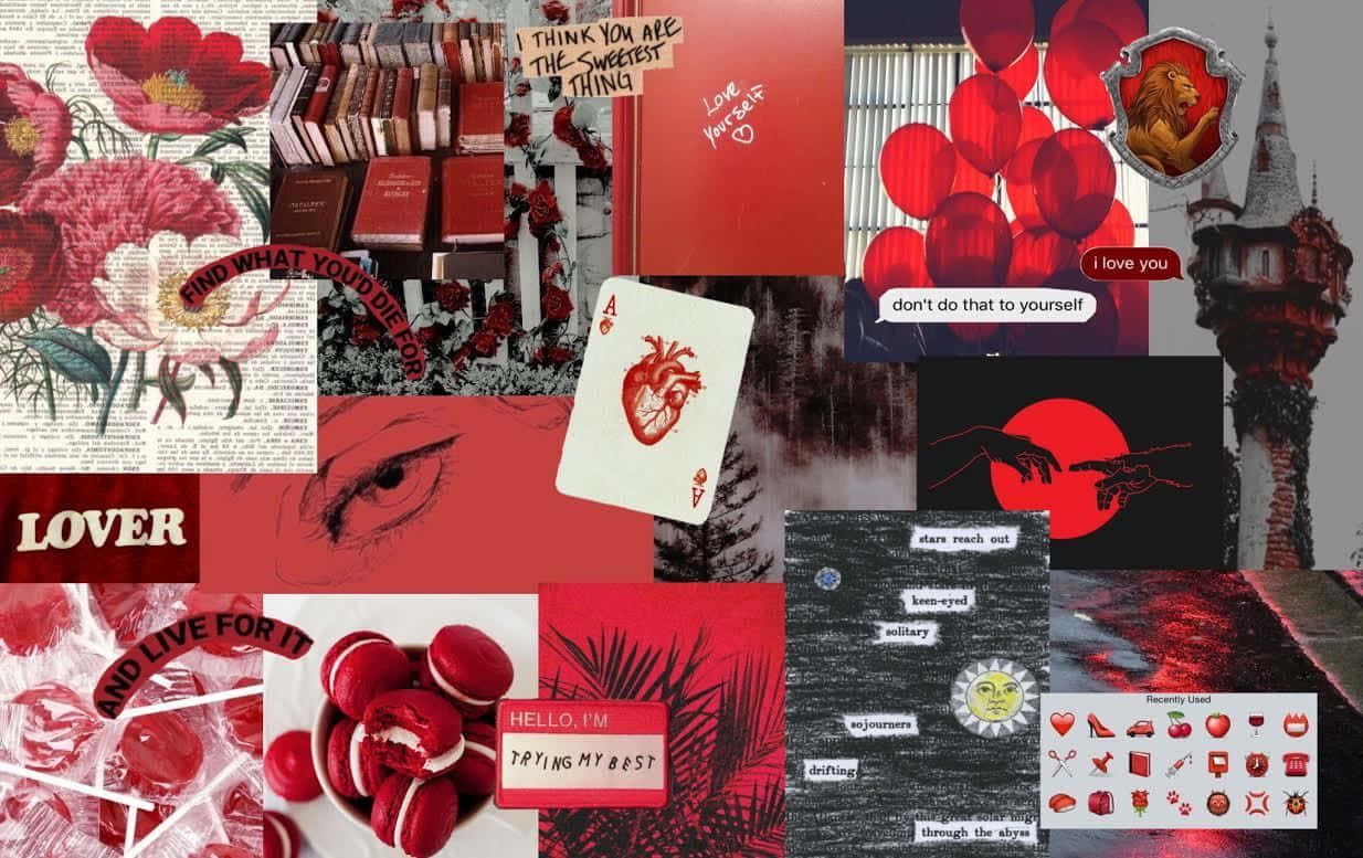 Red Aesthetic Laptop Balloons Flowers Background