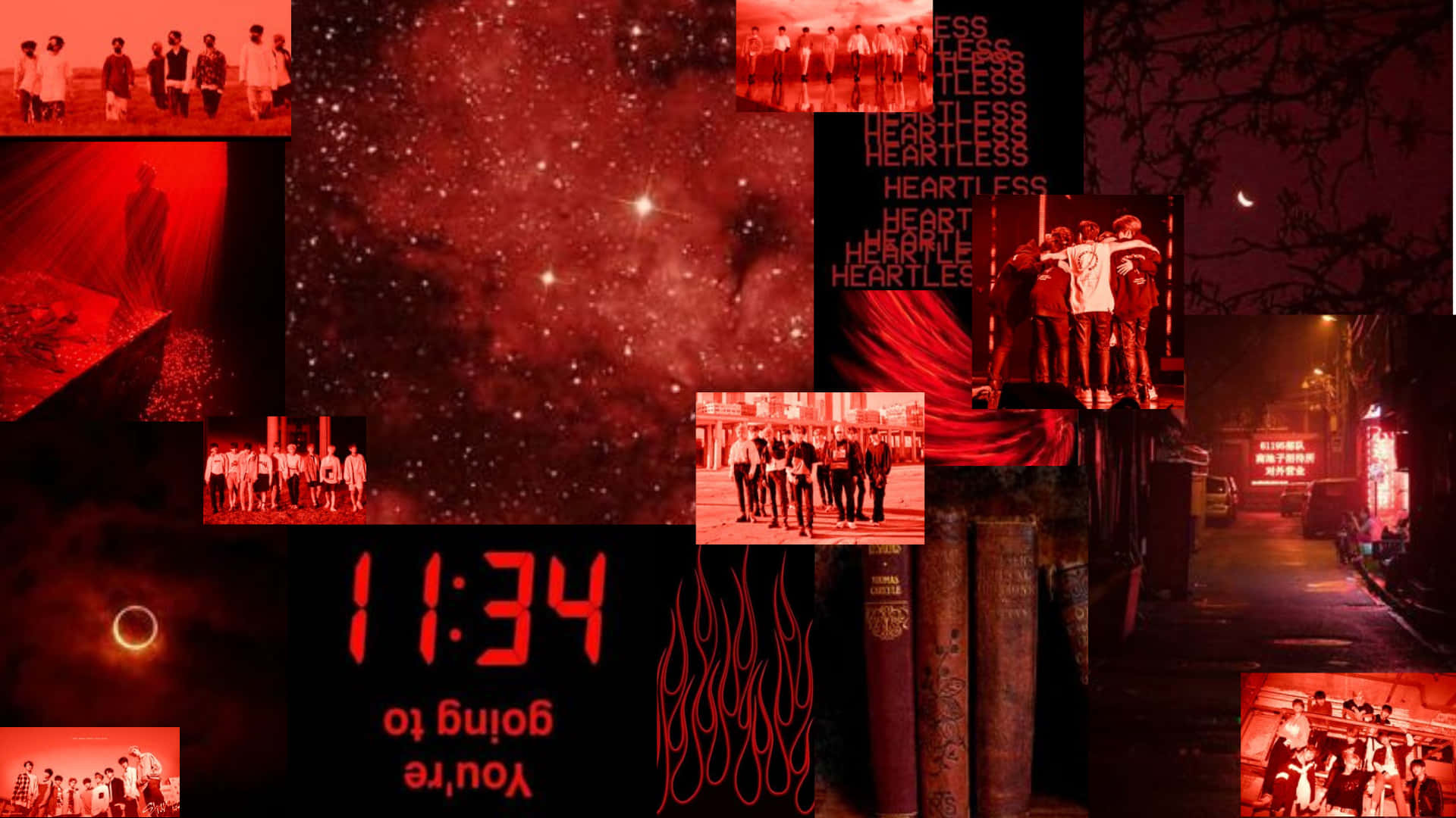 Red Aesthetic Laptop Fireworks Clock Background