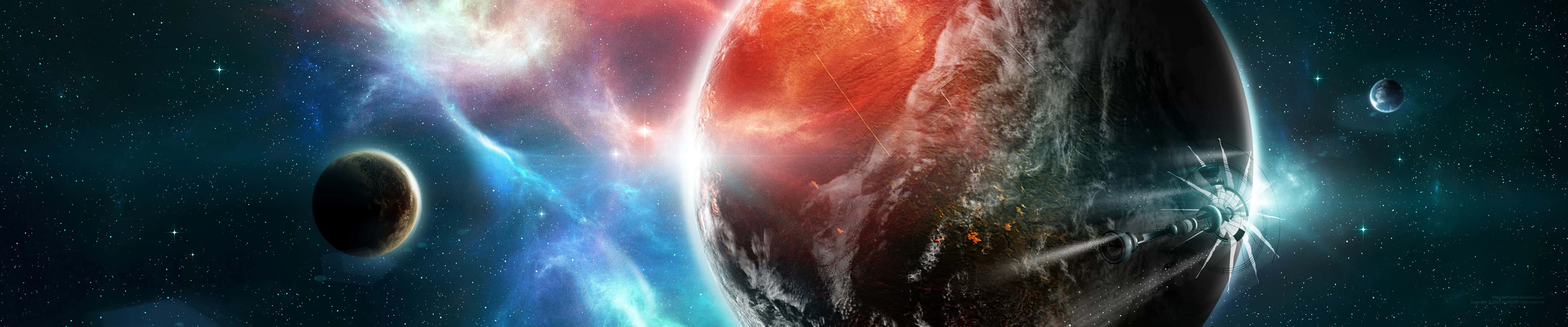 Red And Blue Dual Screen Space With Planets Background