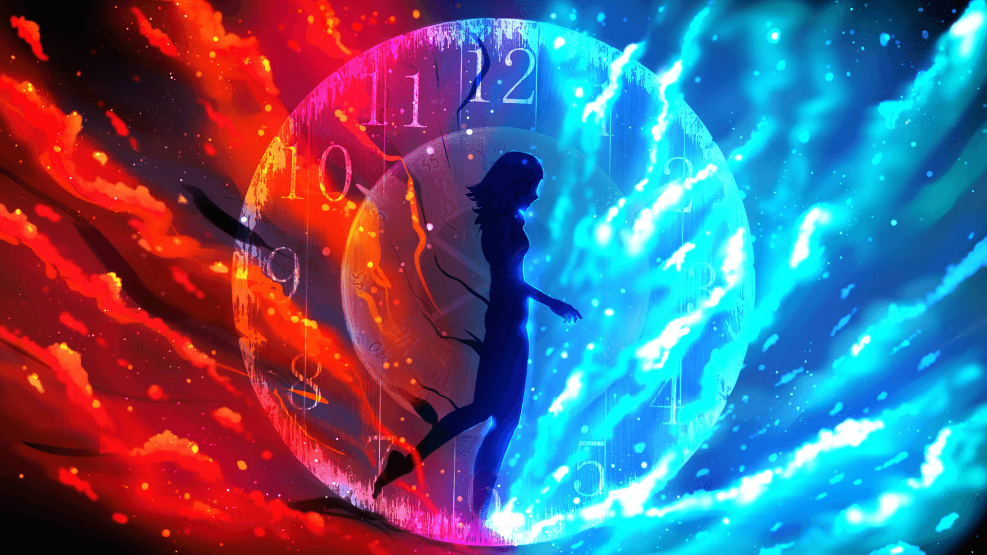 Red And Blue Fire Anime Clock Background