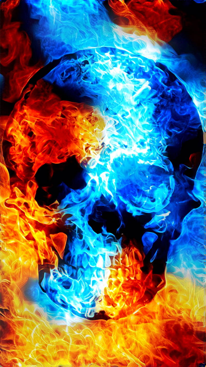 Red And Blue Flamed Skull Background