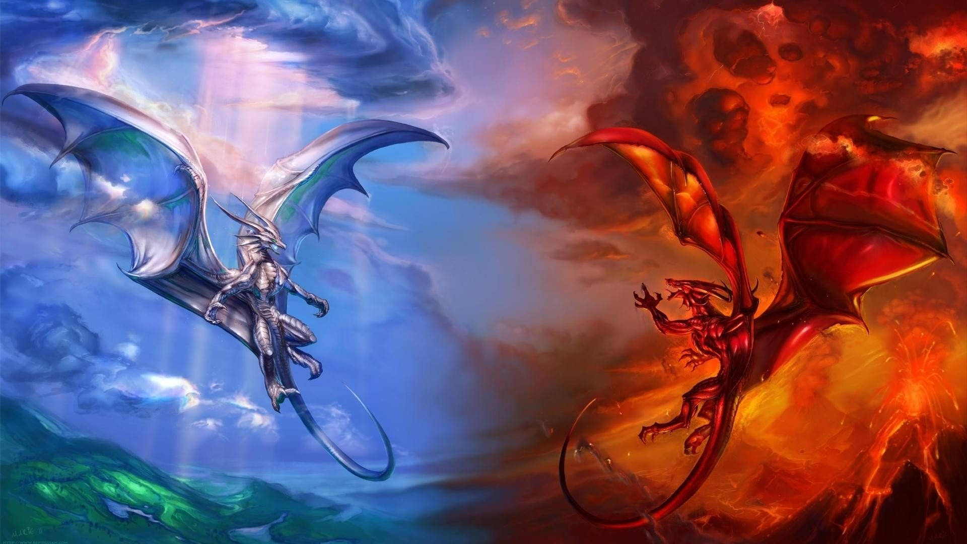 Red And Blue Really Cool Dragons Background