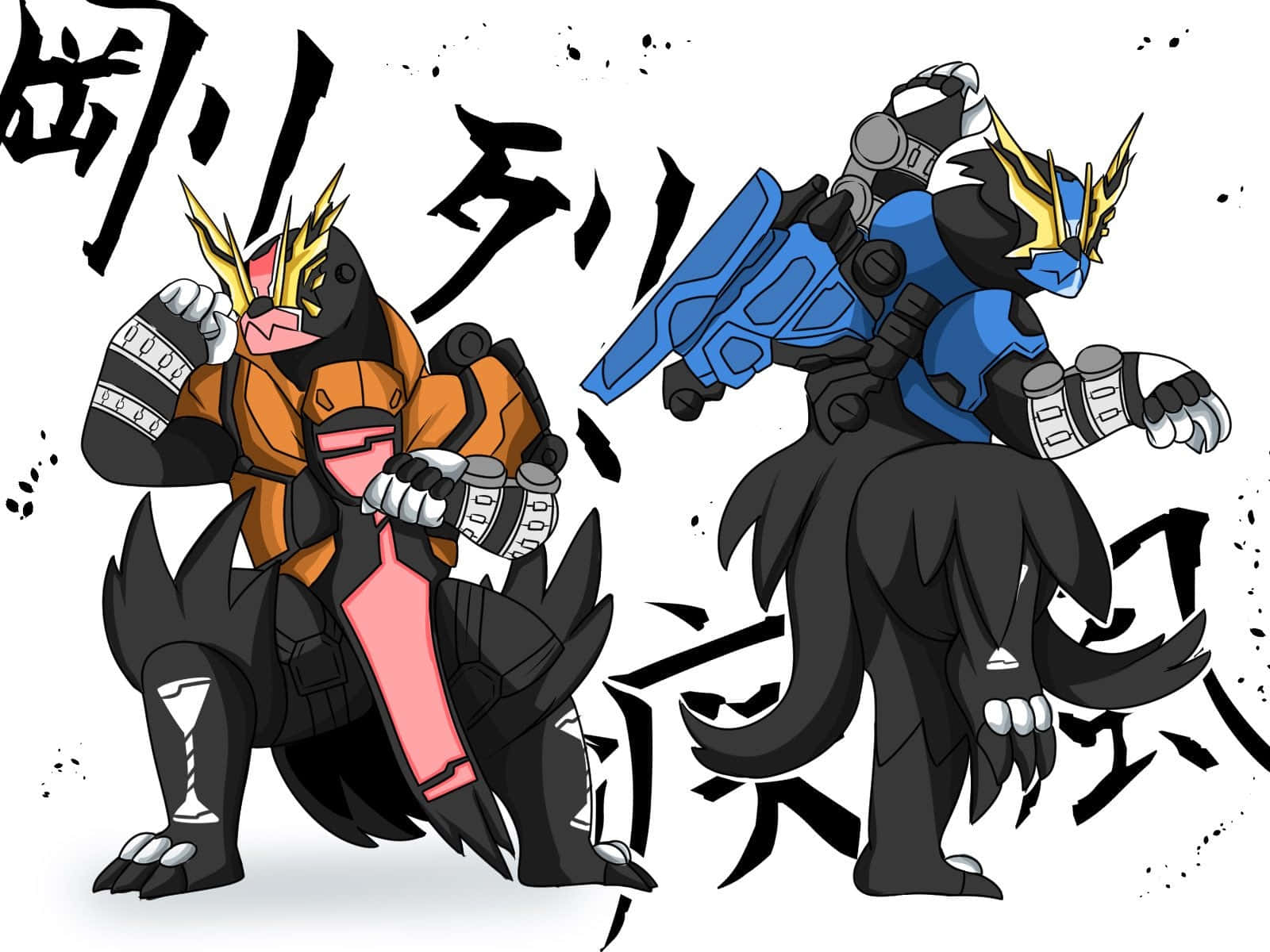 Red And Blue Urshifu Characters In Costumes Background