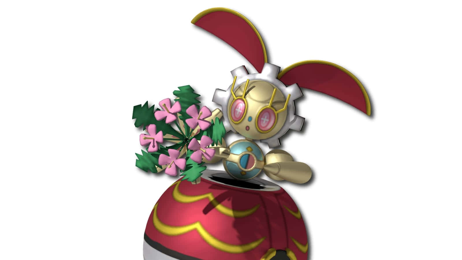 Red And Gold Magearna Holding Flowers Background