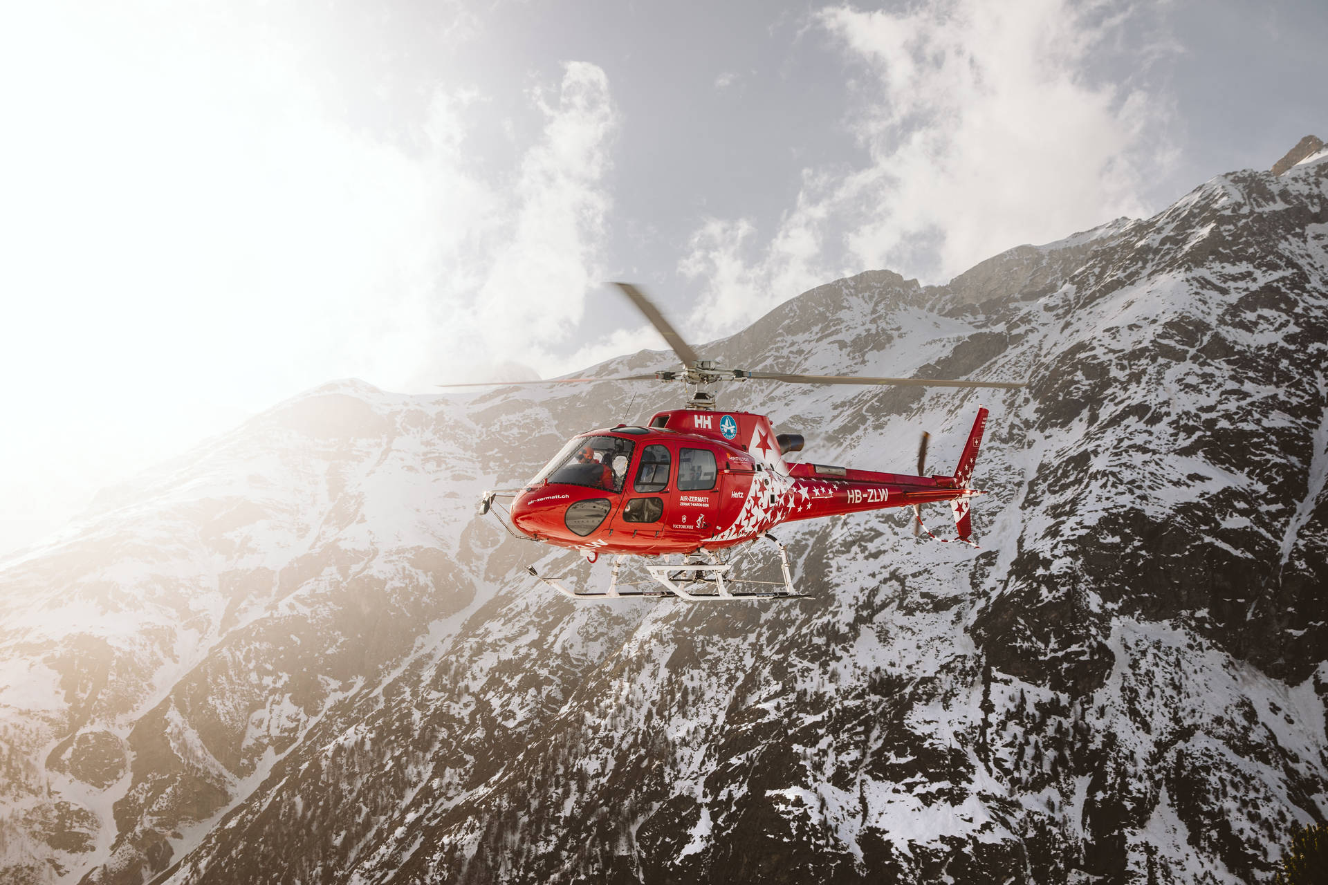Red And White Flying Helicopter Background
