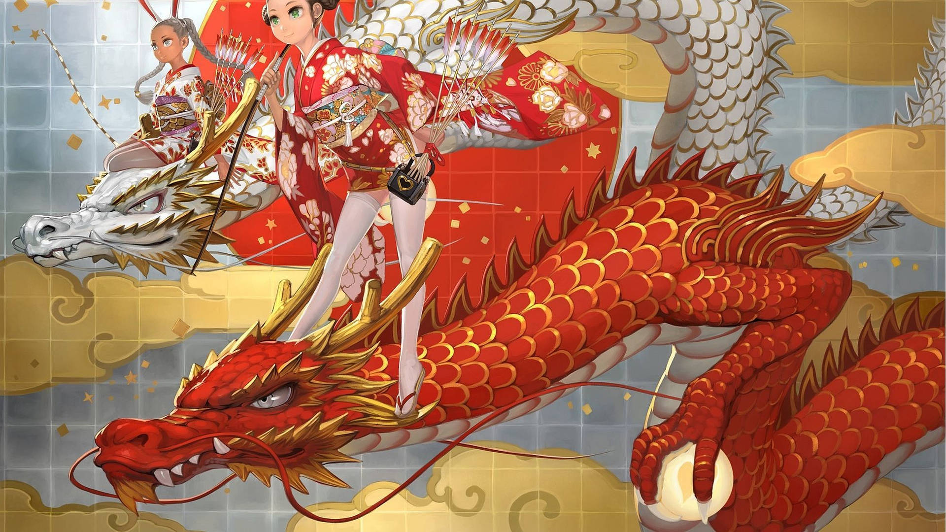 Red And White Japanese Dragon Pc Background