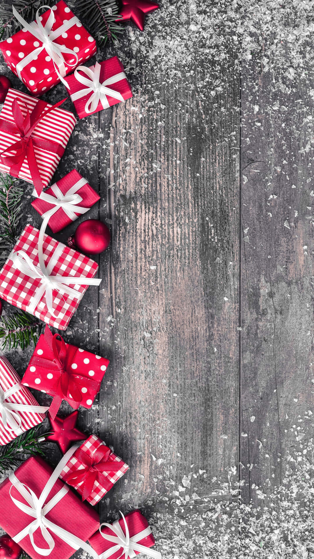 Red And White Presents Farmhouse Christmas Wooden Deck Background