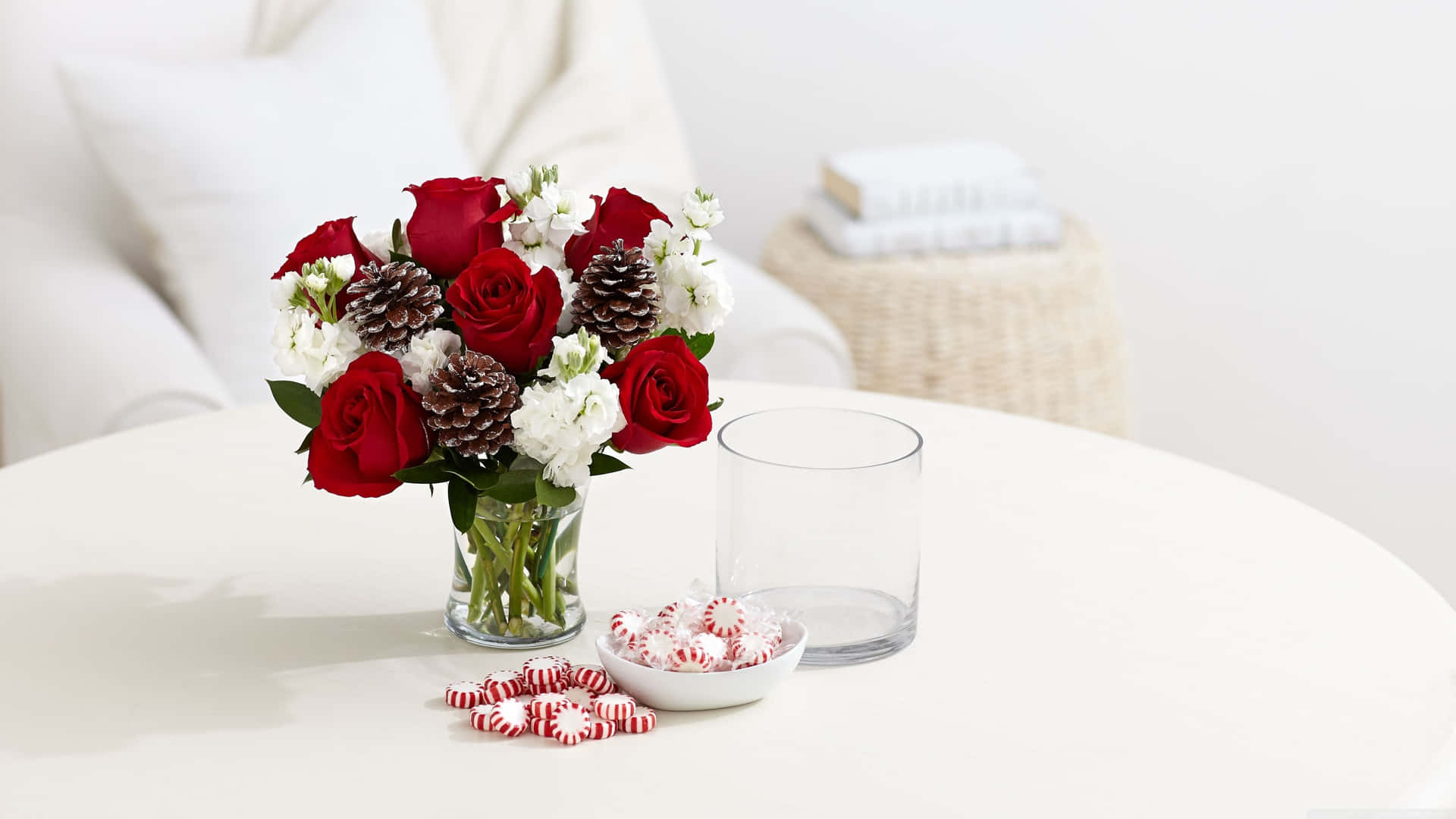 Red And White Roses In A Vase Background