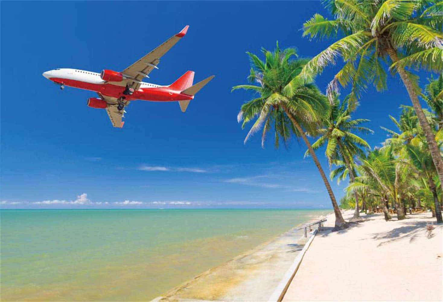 Red And White Small Airplane Flies Over Beach Background