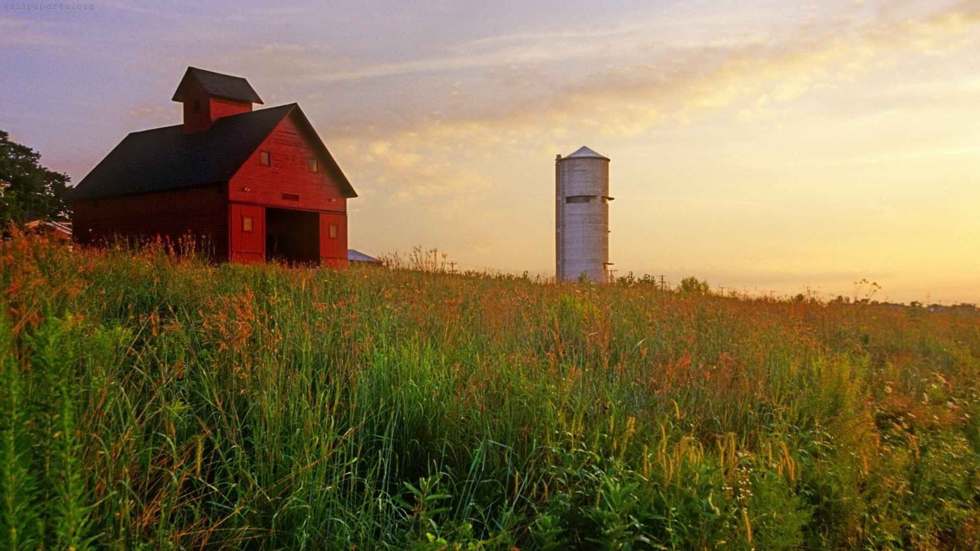 Red Barn With Grass Country Scenes Background