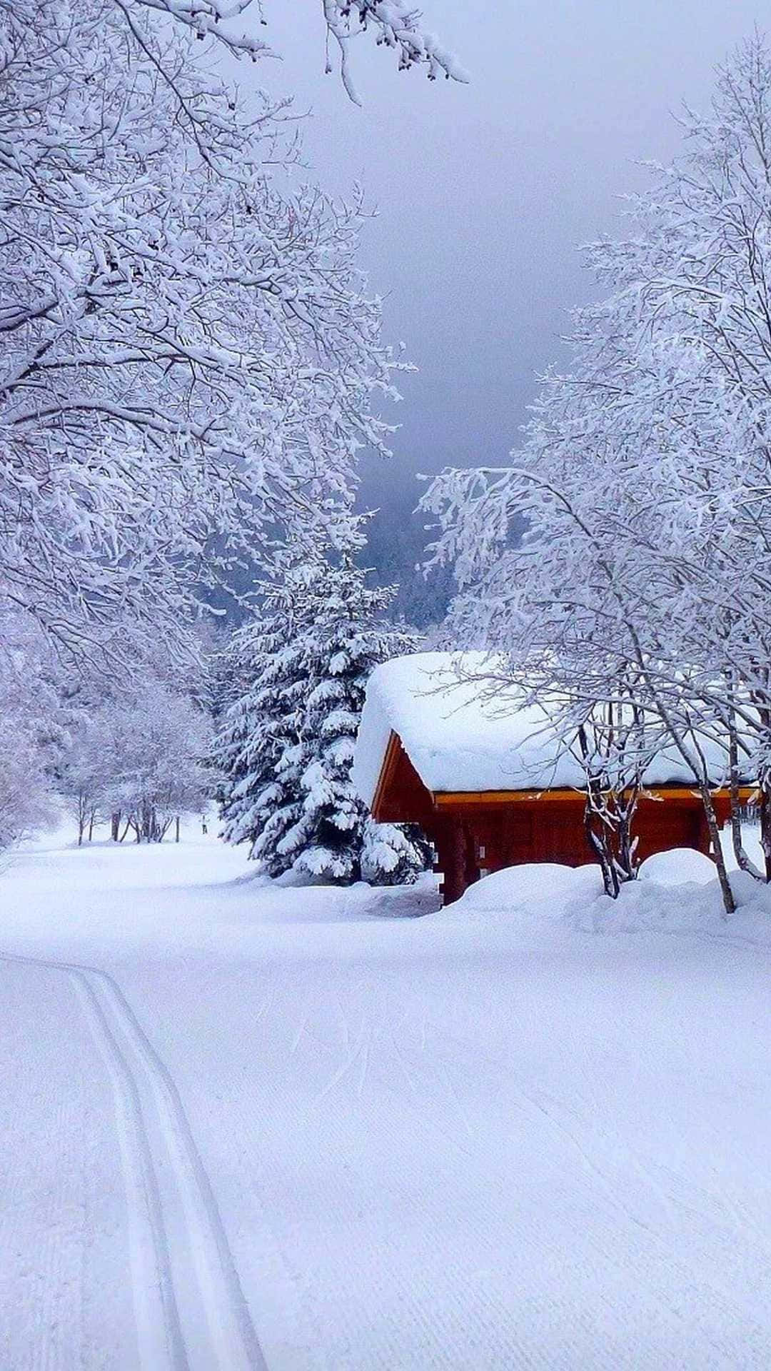 Red Barn With Snow Falling Background