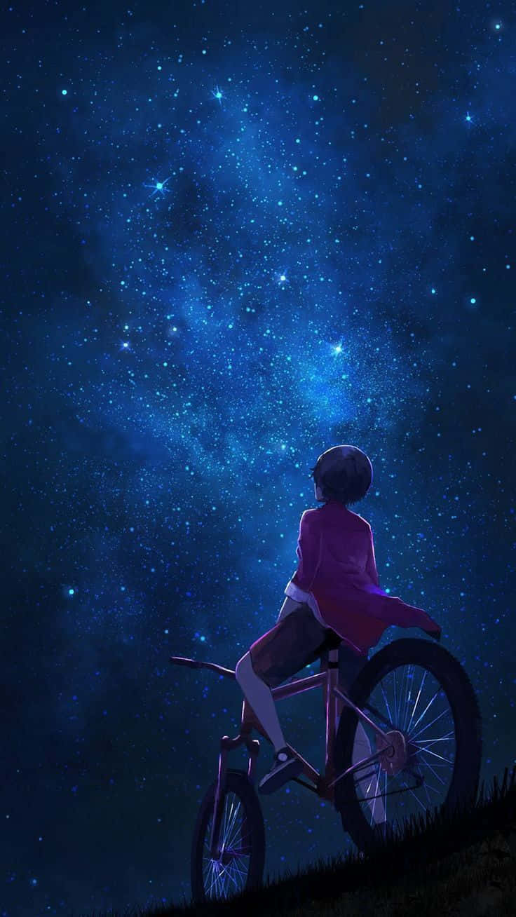 Red Bicycle Guy Look Up At Night Anime Sky Background