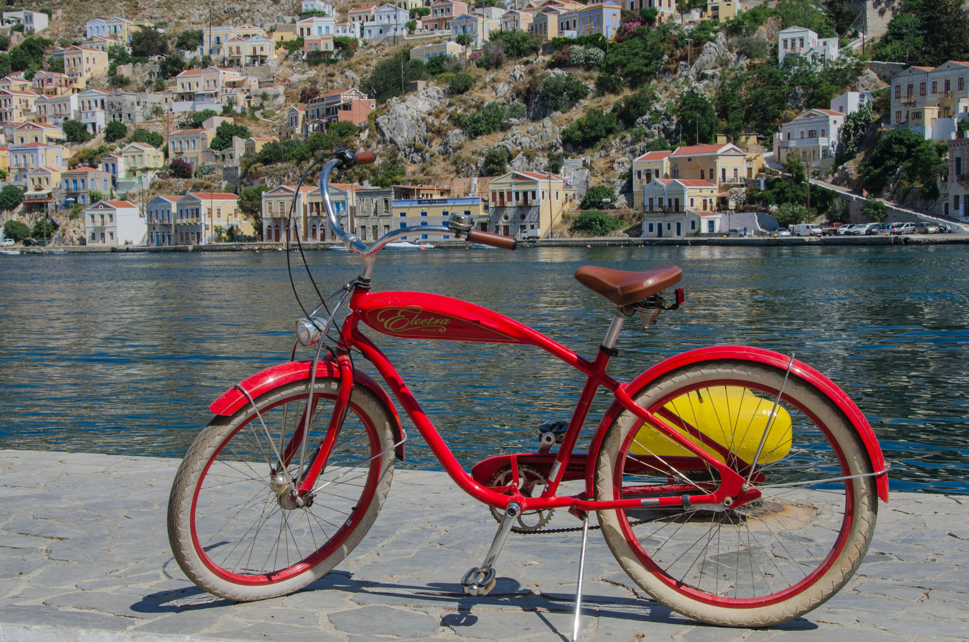 Red Bike Beside Lake Background