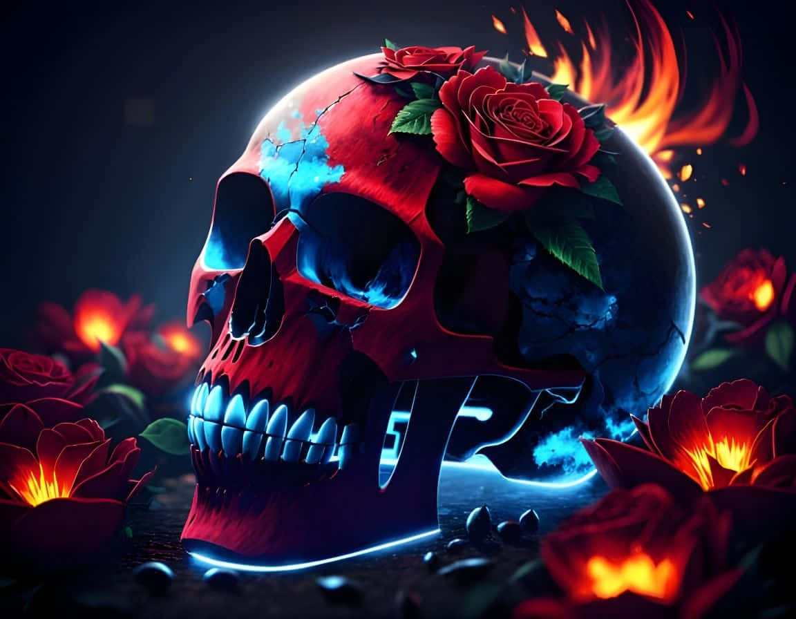 Red Blue Flaming Skullwith Roses Background