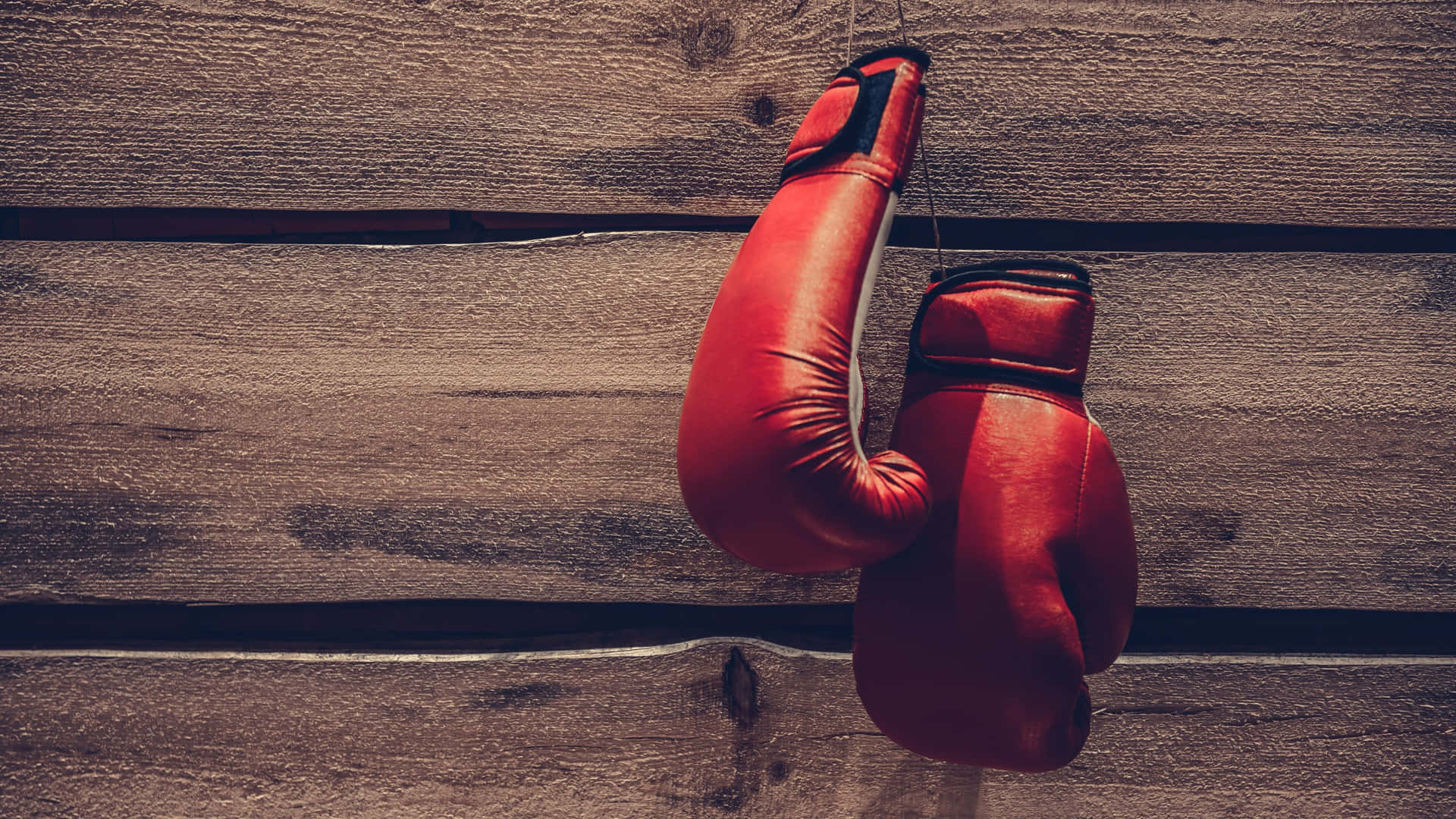 Red Boxing Gloves Hanging Wooden Background Background