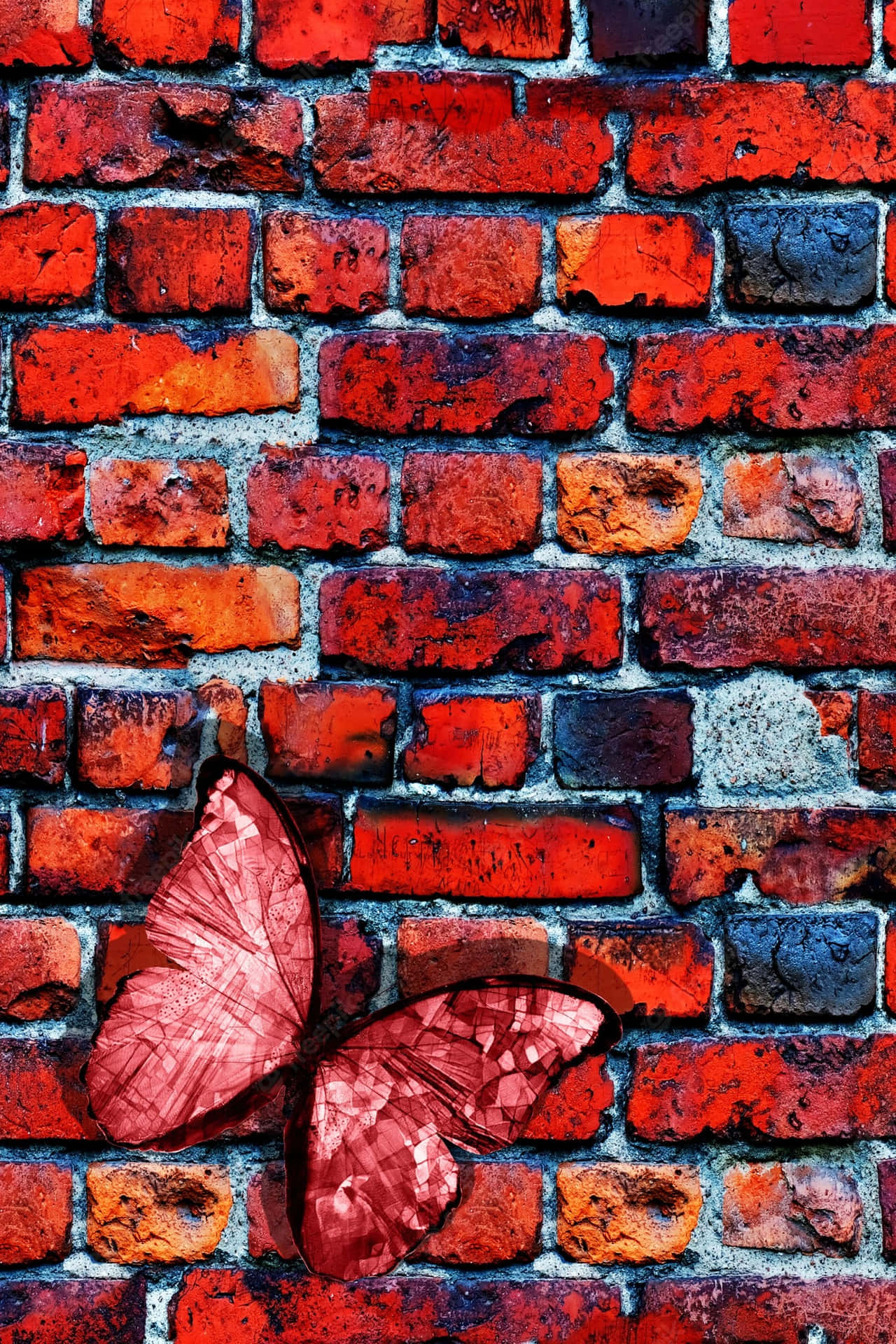 Red Butterfly On Bricks Background