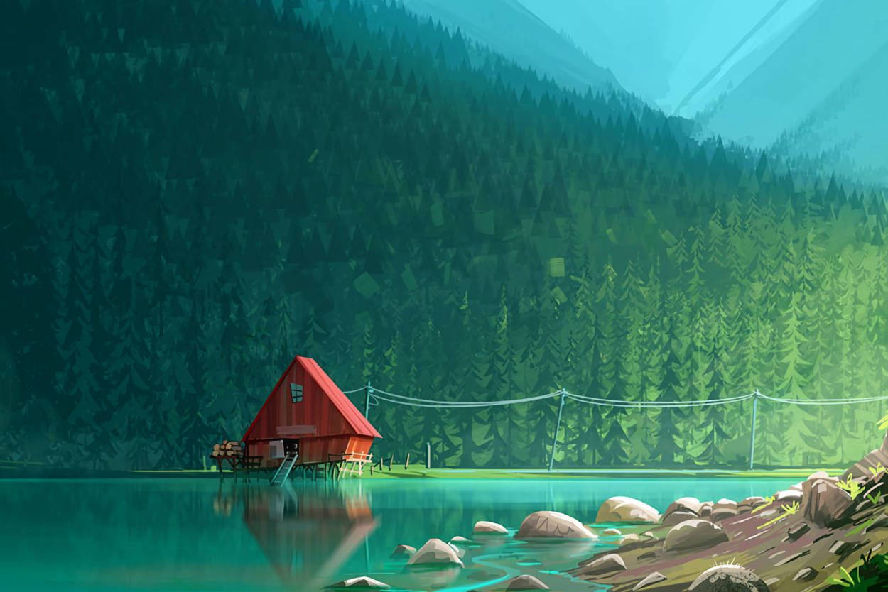 Red Cabin Aesthetic Art Desktop Background