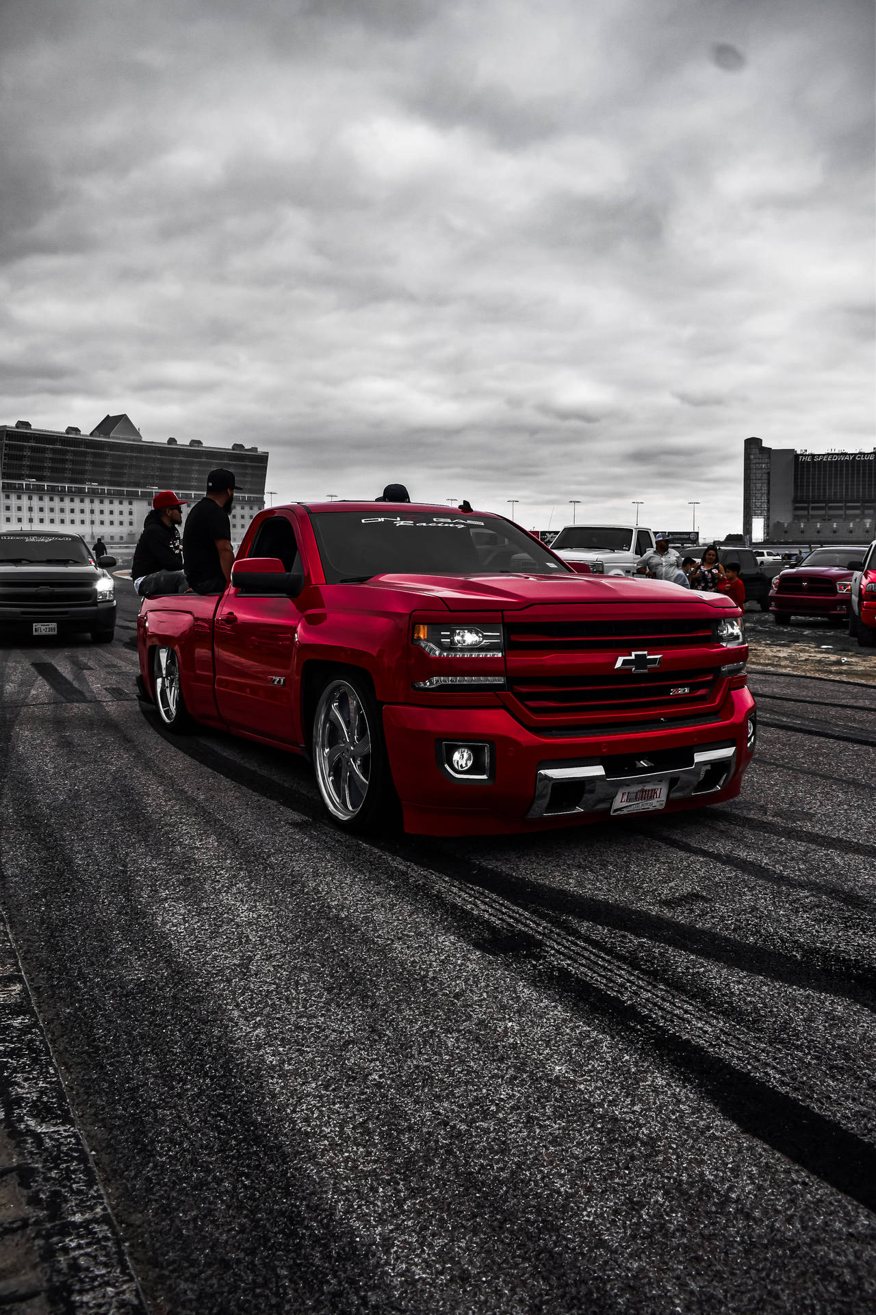Red Chevy Dropped Truck Background