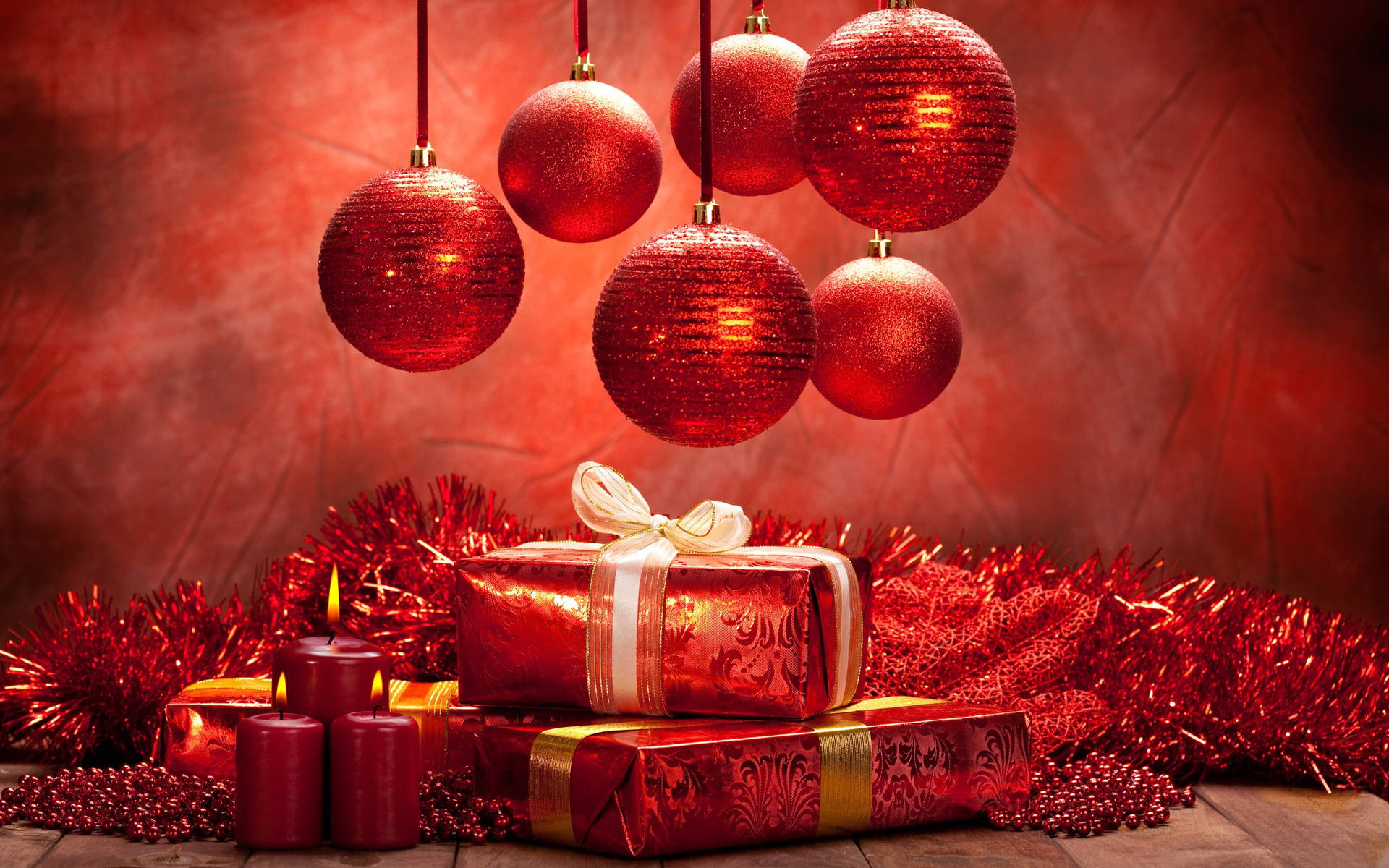 Red Christmas Balls And Gifts Background