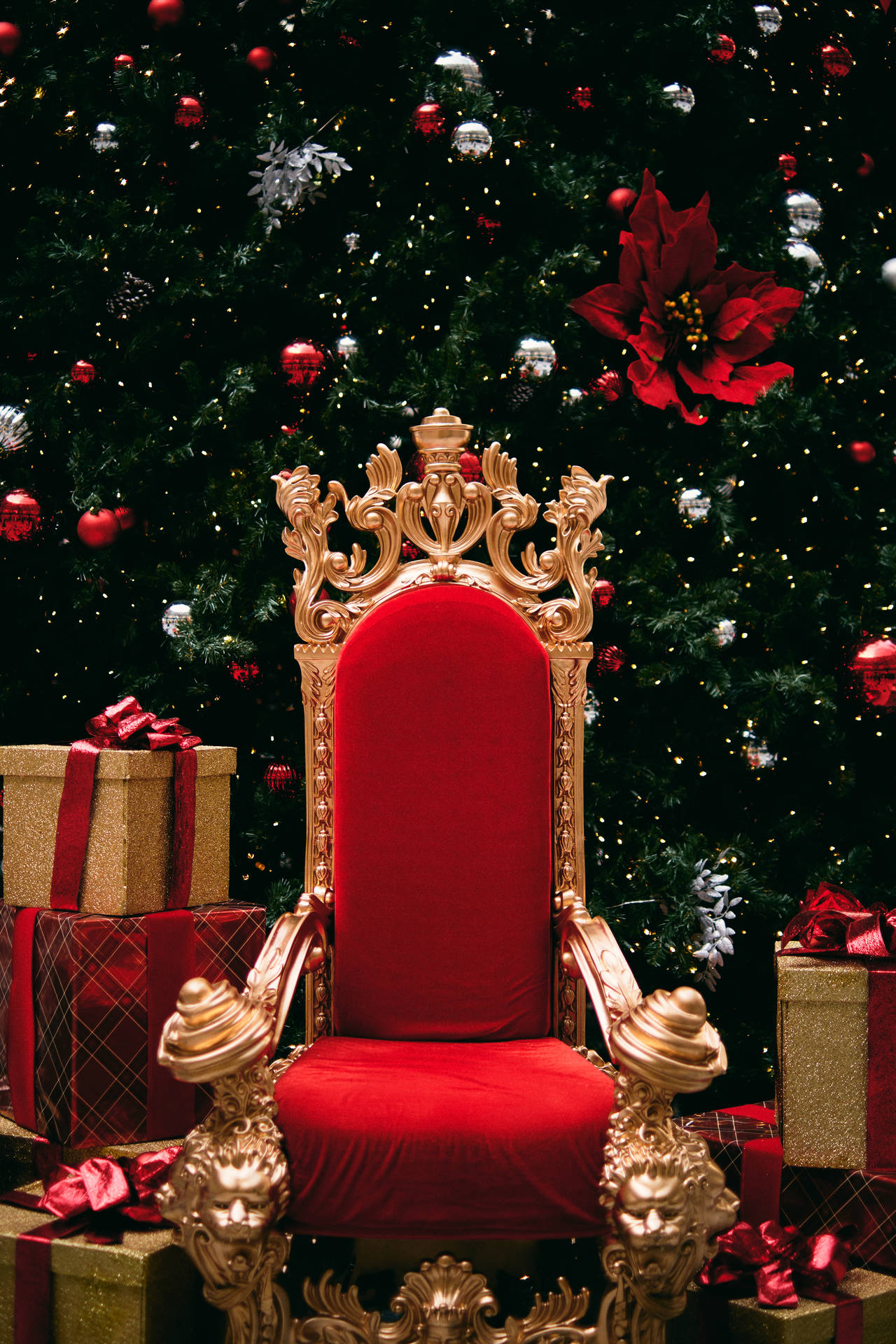 Red Christmas Throne Beside Gifts Background