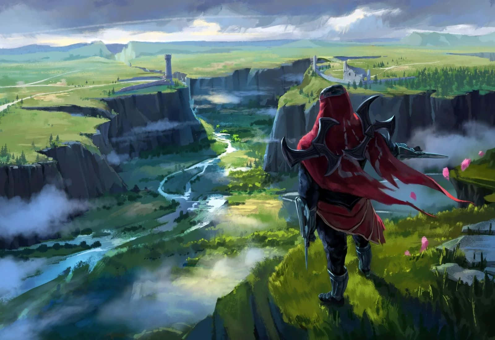 Red Cloaked Warrior Overlooking Valley