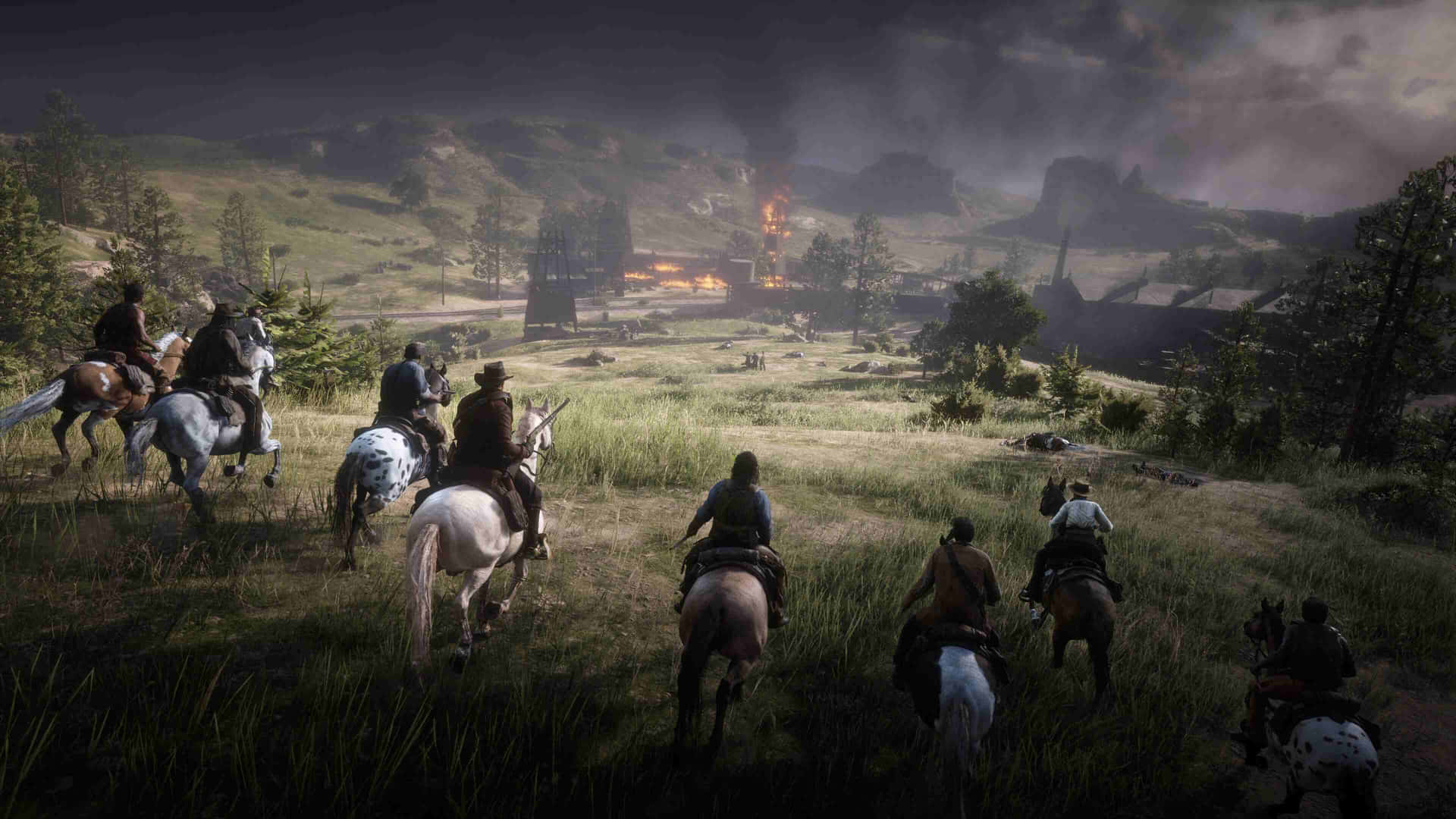 Red Dead Redemption2 Gang Riding Towards Fire Background