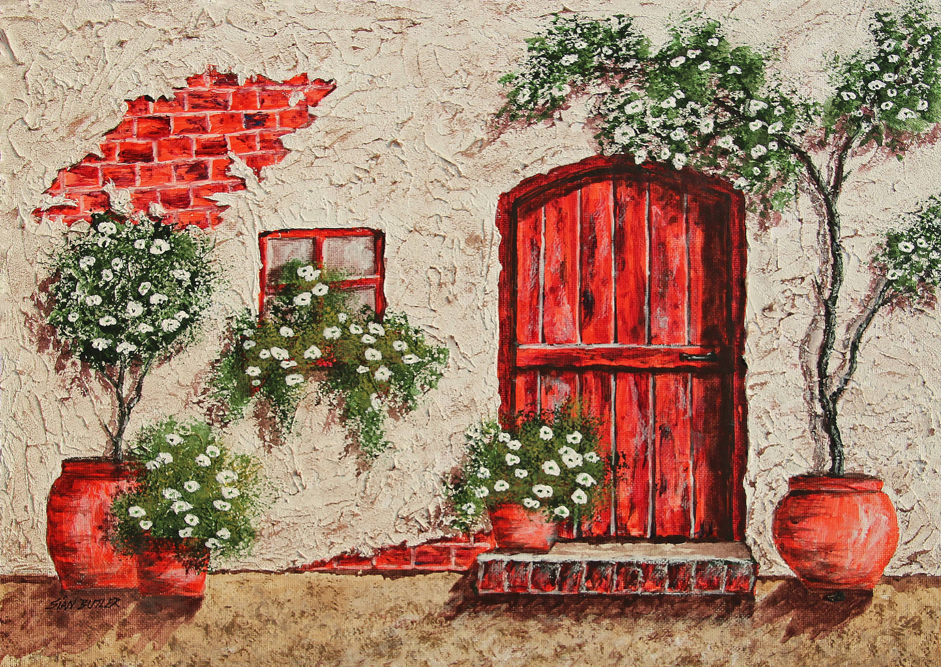 Red Door Of Stone Cottage Painting Background