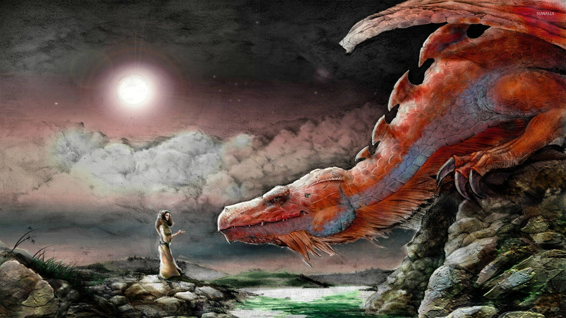 Red Dragon And Girl Background