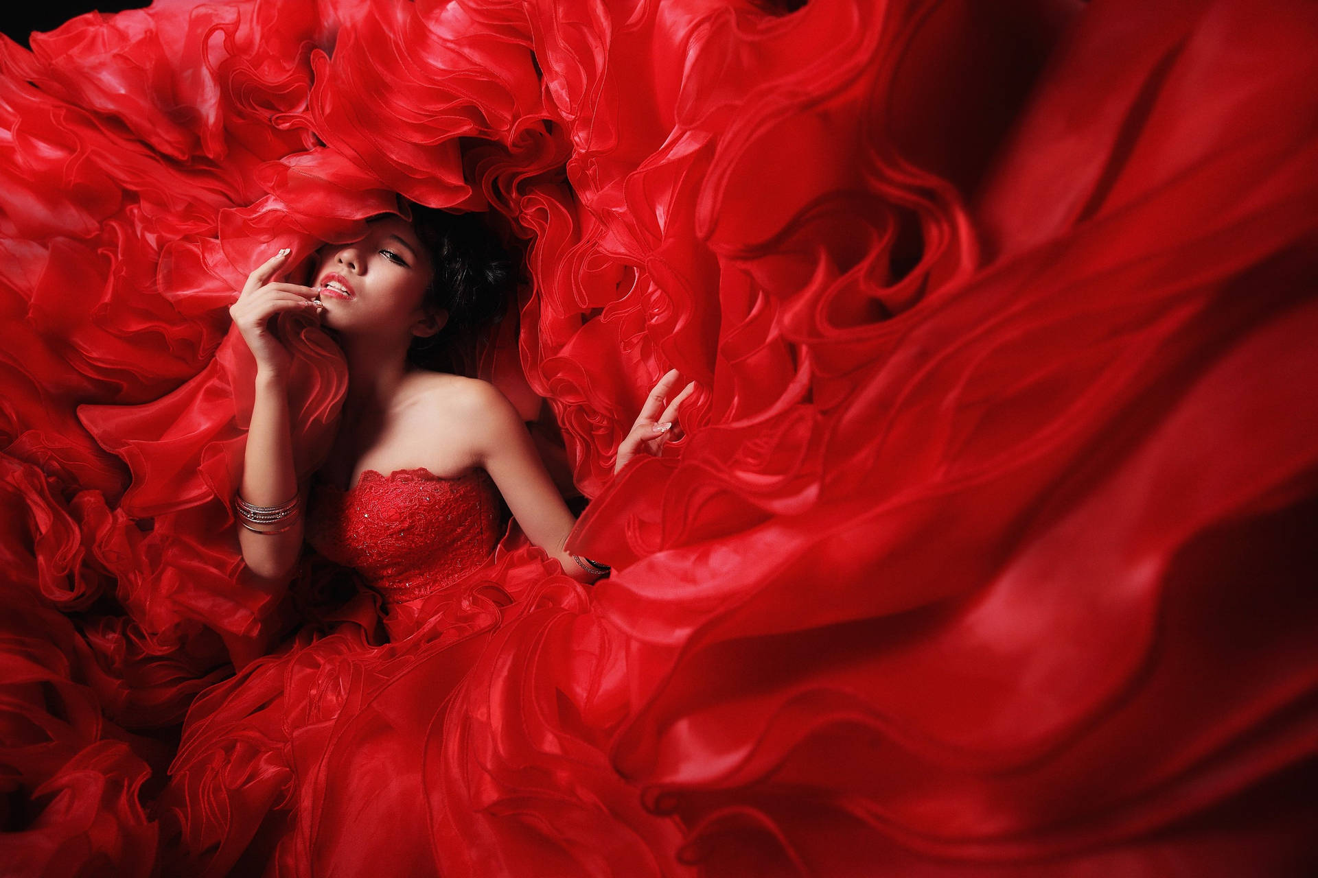 Red Dress Asian Fashion Model Background