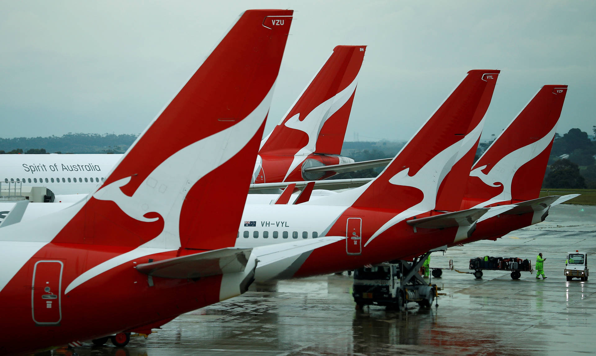 Red Empennages Of Qantas Airways Background