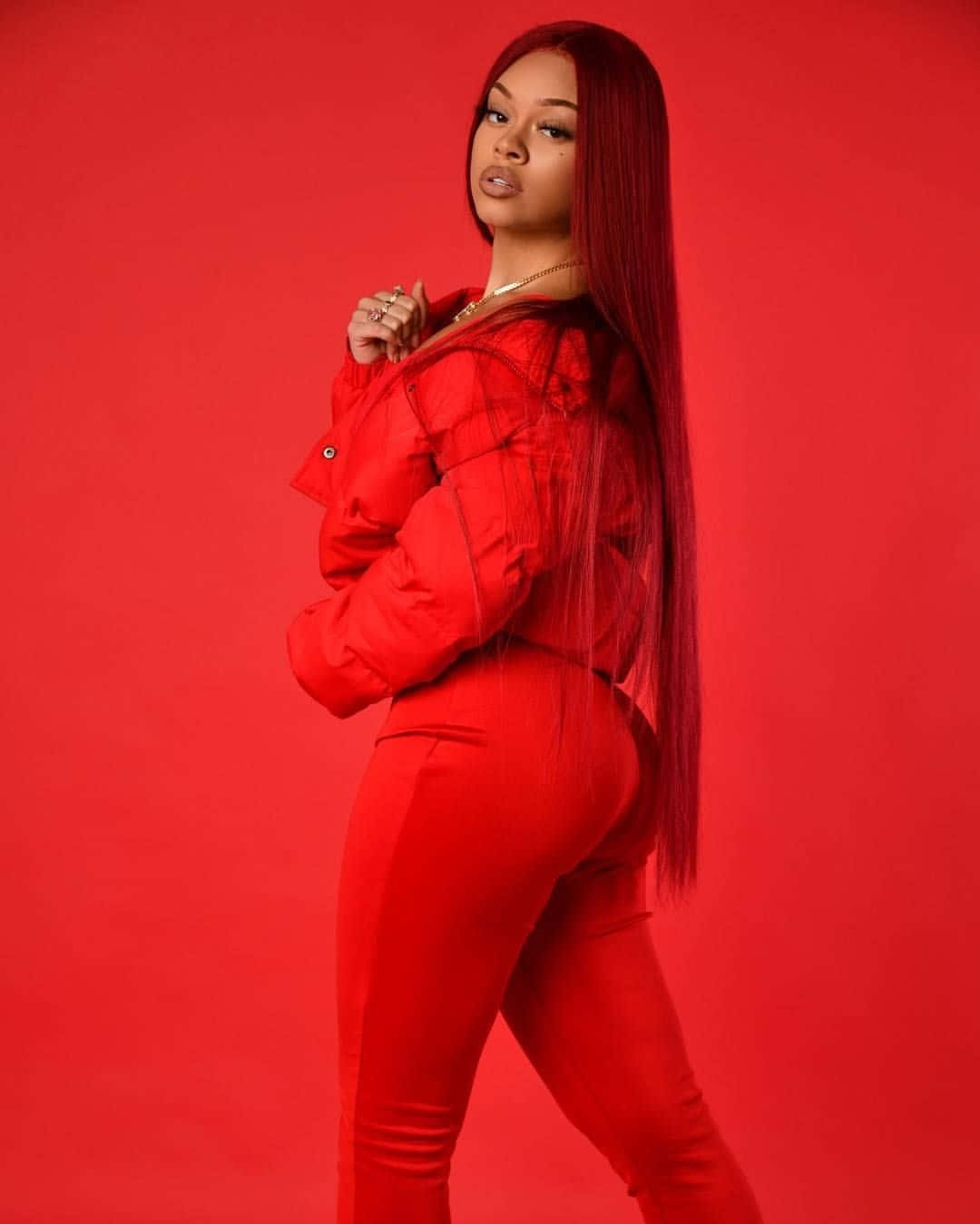 Red Ensemble Woman Portrait Background