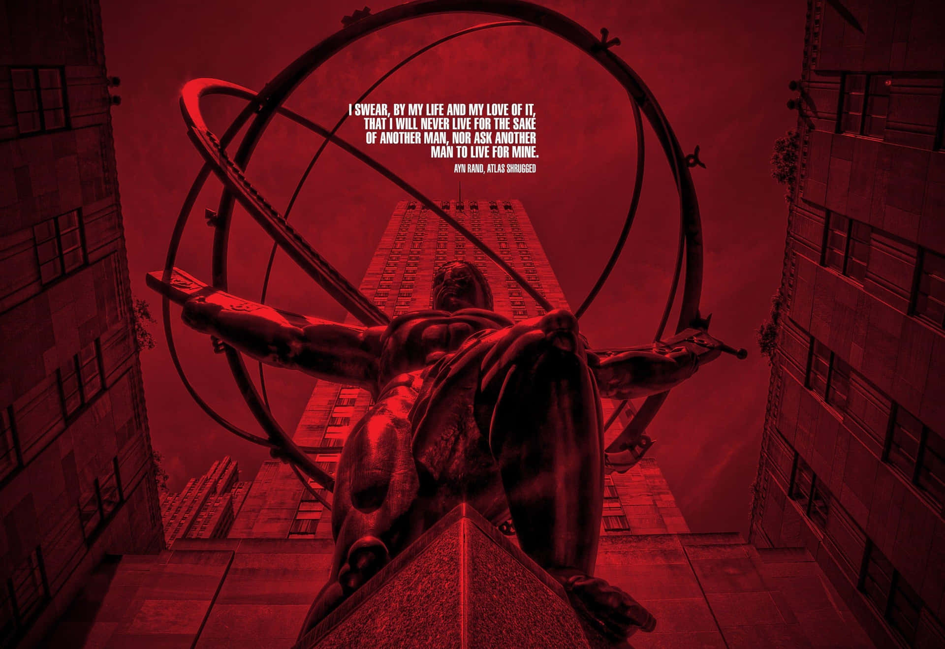 Red Filtered Atlas Statuewith Quote