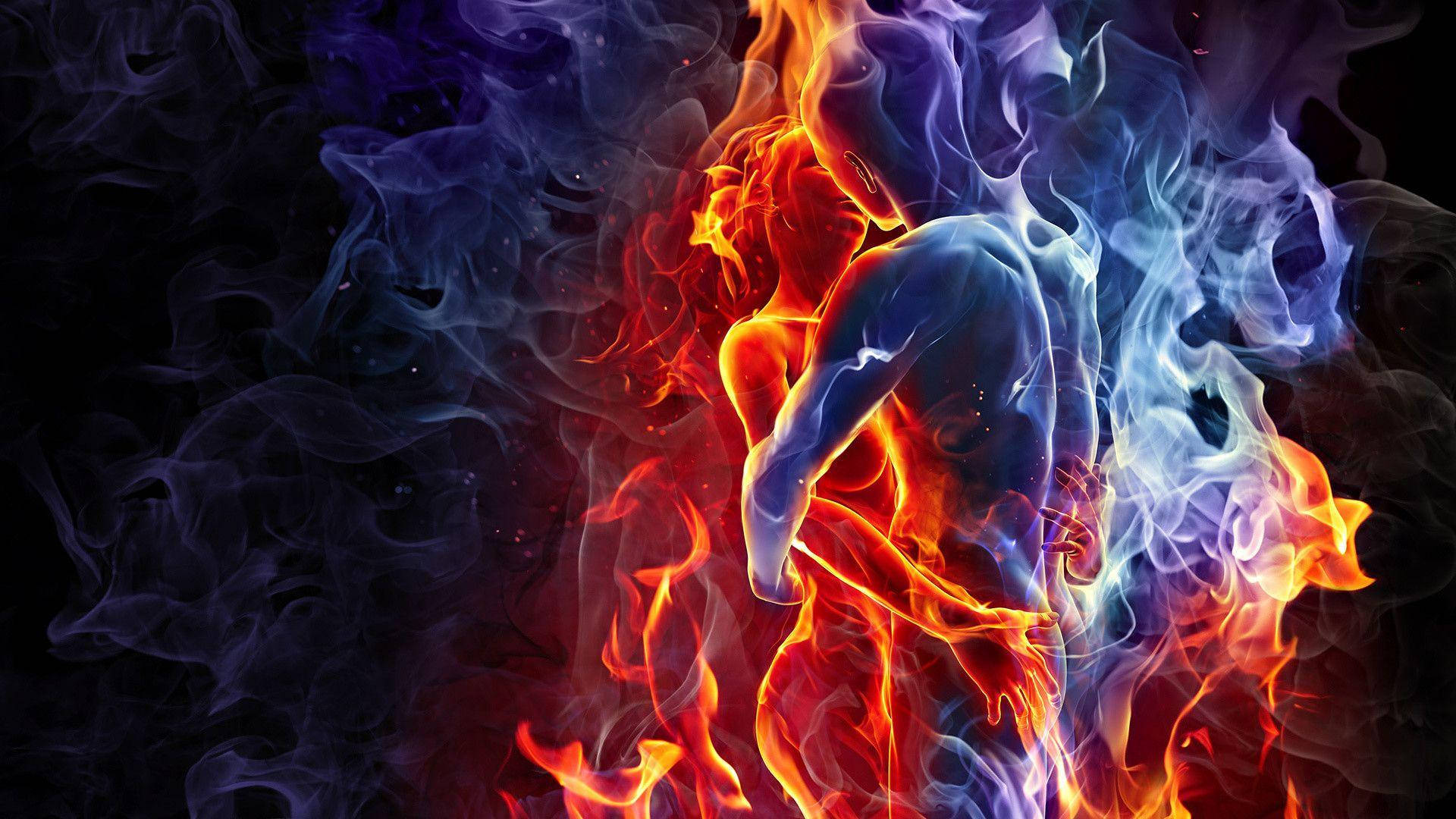 Red Fire Woman With A Man Background