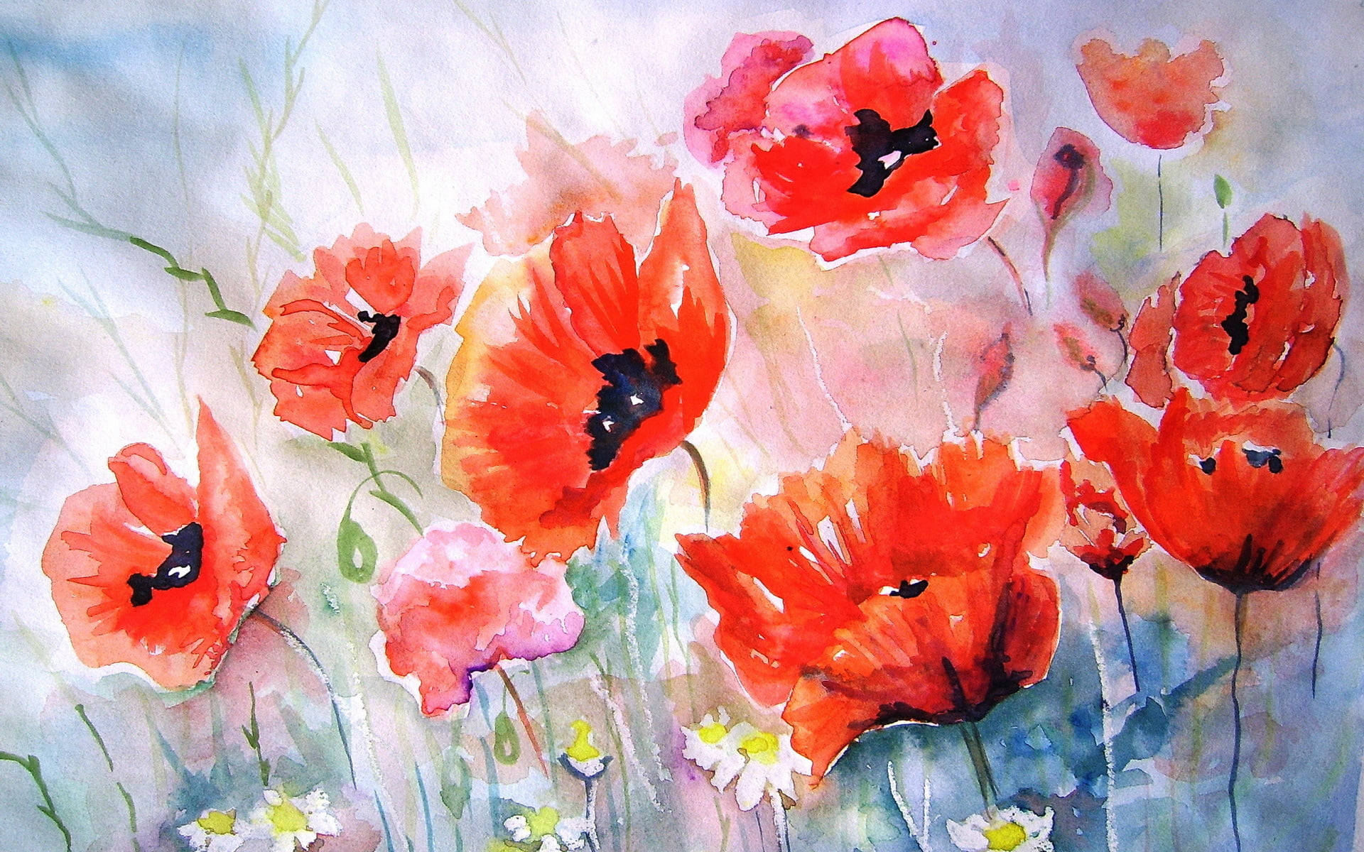 Red Flowers Watercolor Painting Desktop Background