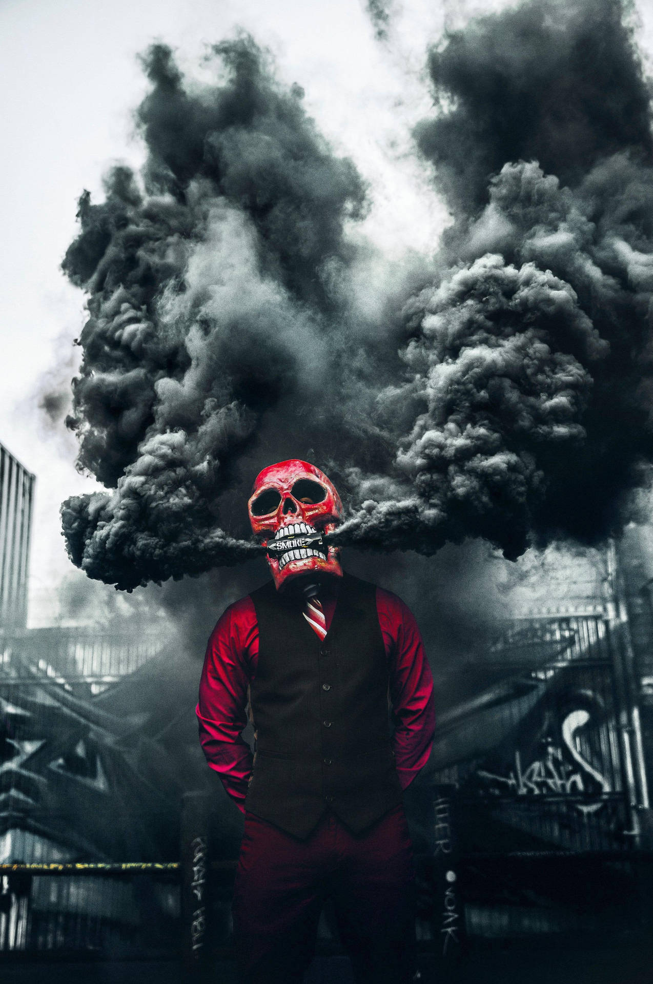 Red Gangster Skull With Smoke Background