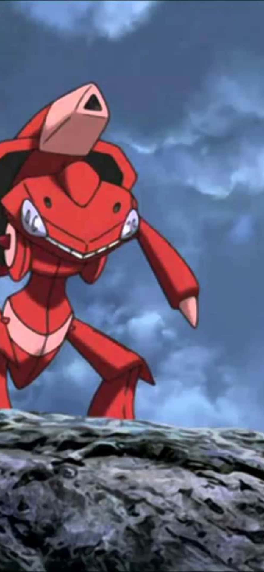 Red Genesect Pokemon Standing On Rock Background