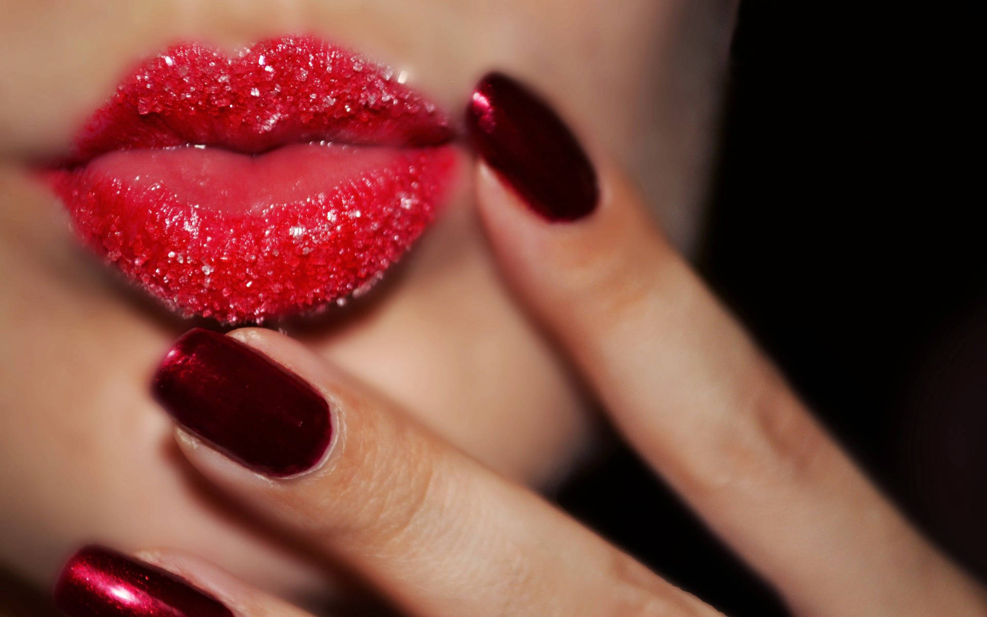 Red Glittery Lips With Nails Background