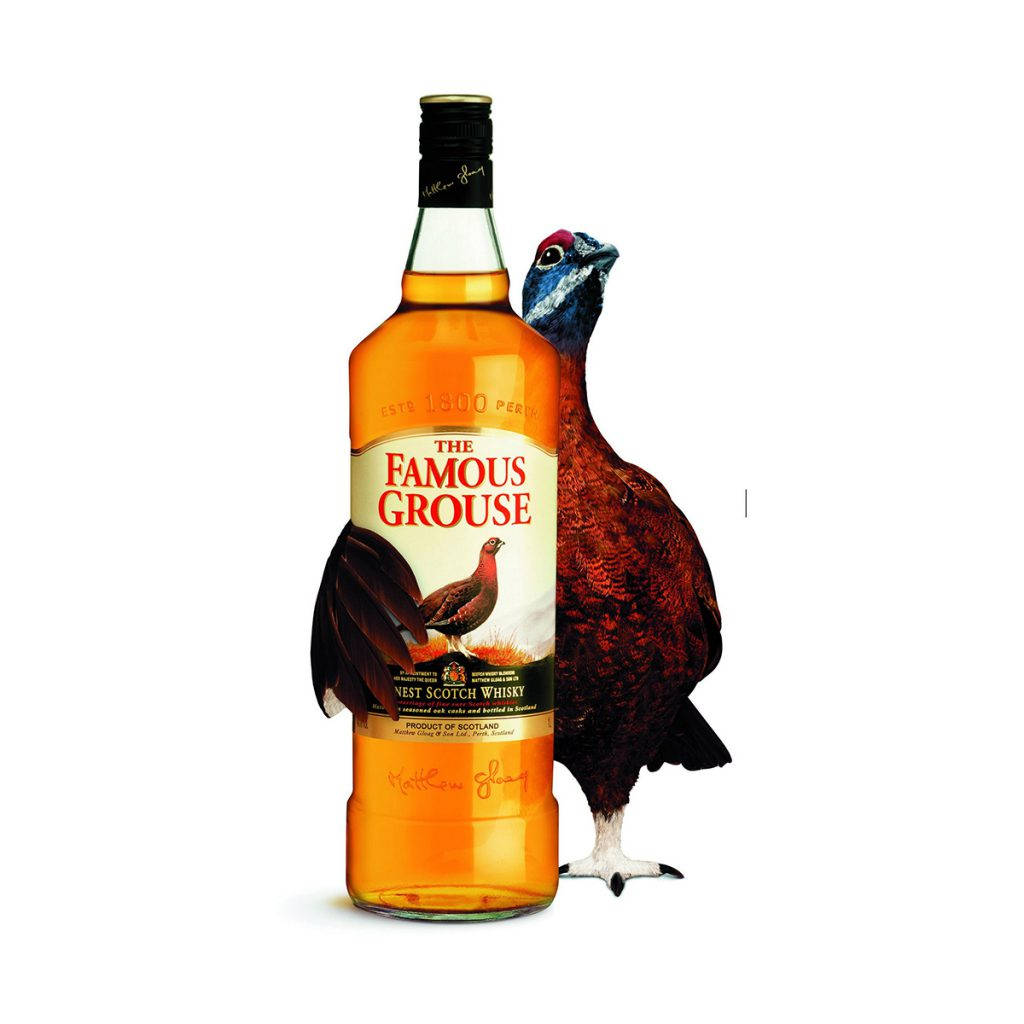 Red Grouse Hugging Famous Grouse Whiskey Background