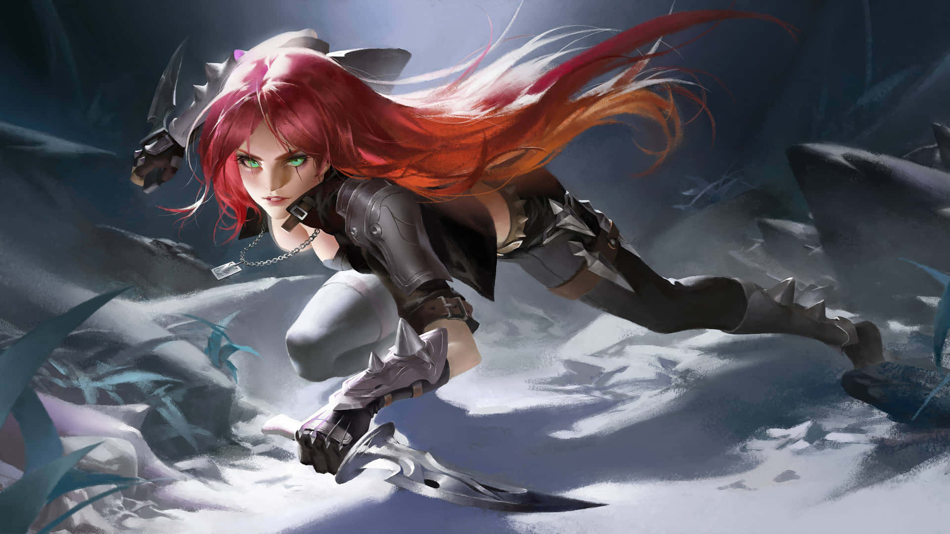 Red Haired Assassin Katarina Action Pose Background