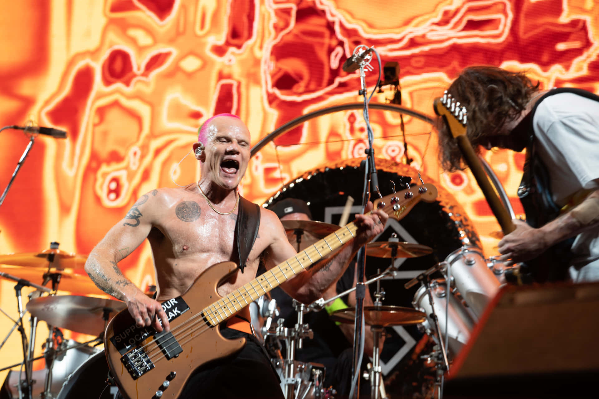 Red Hot Chili Peppers Flea Strumming A Guitar Background