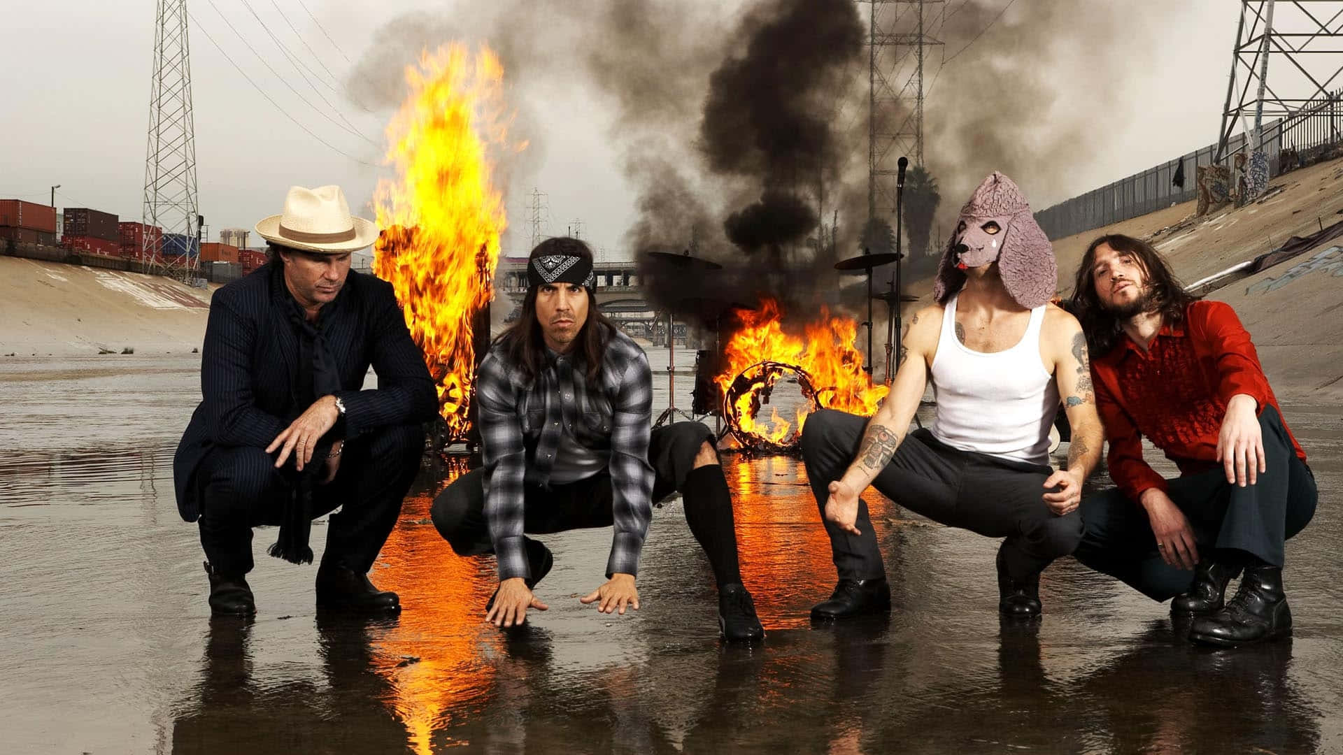 Red Hot Chili Peppers With Burning Equipment Background