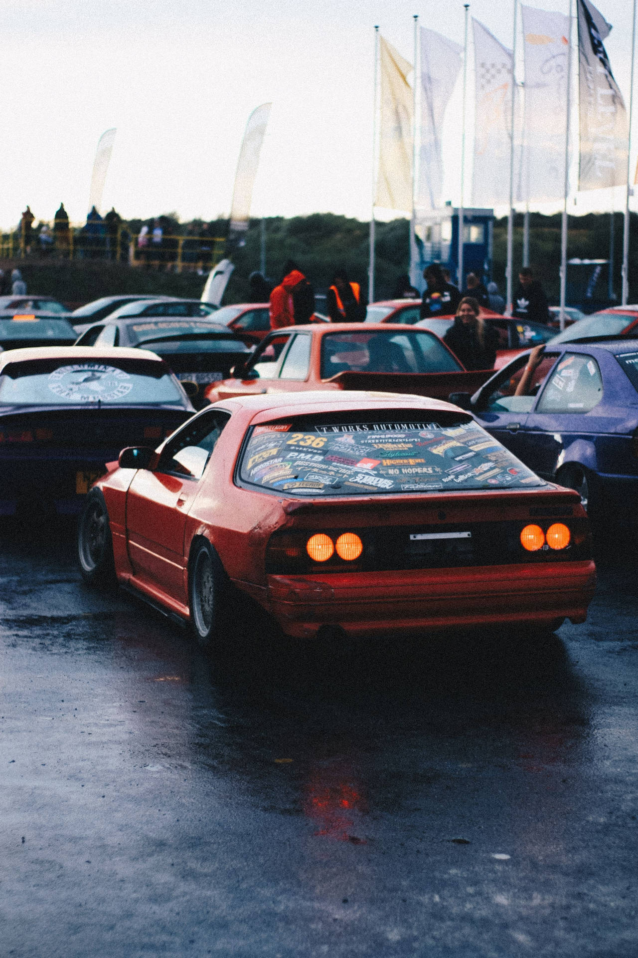 Red Jdm Car With Flags