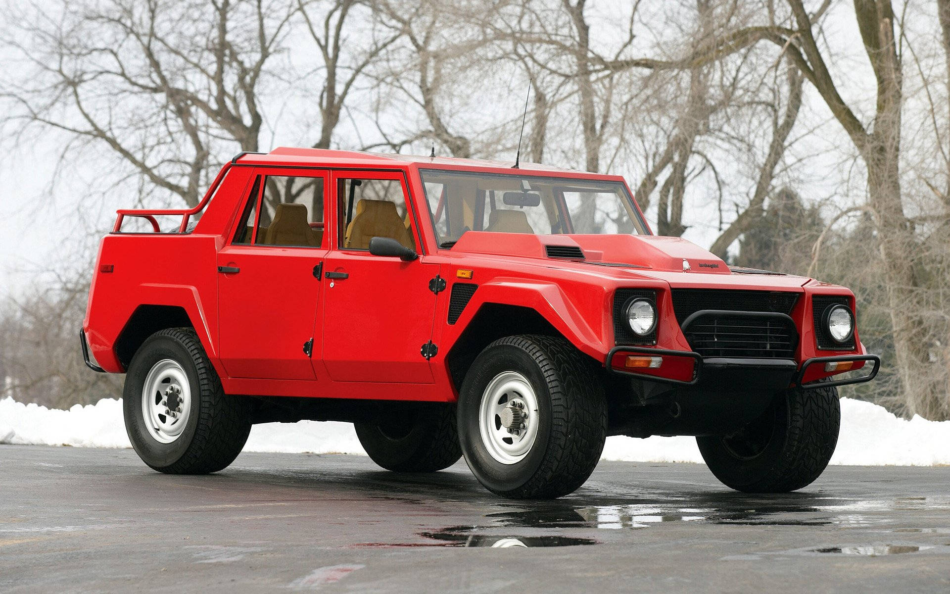 Red Lambo Truck At Snow Background