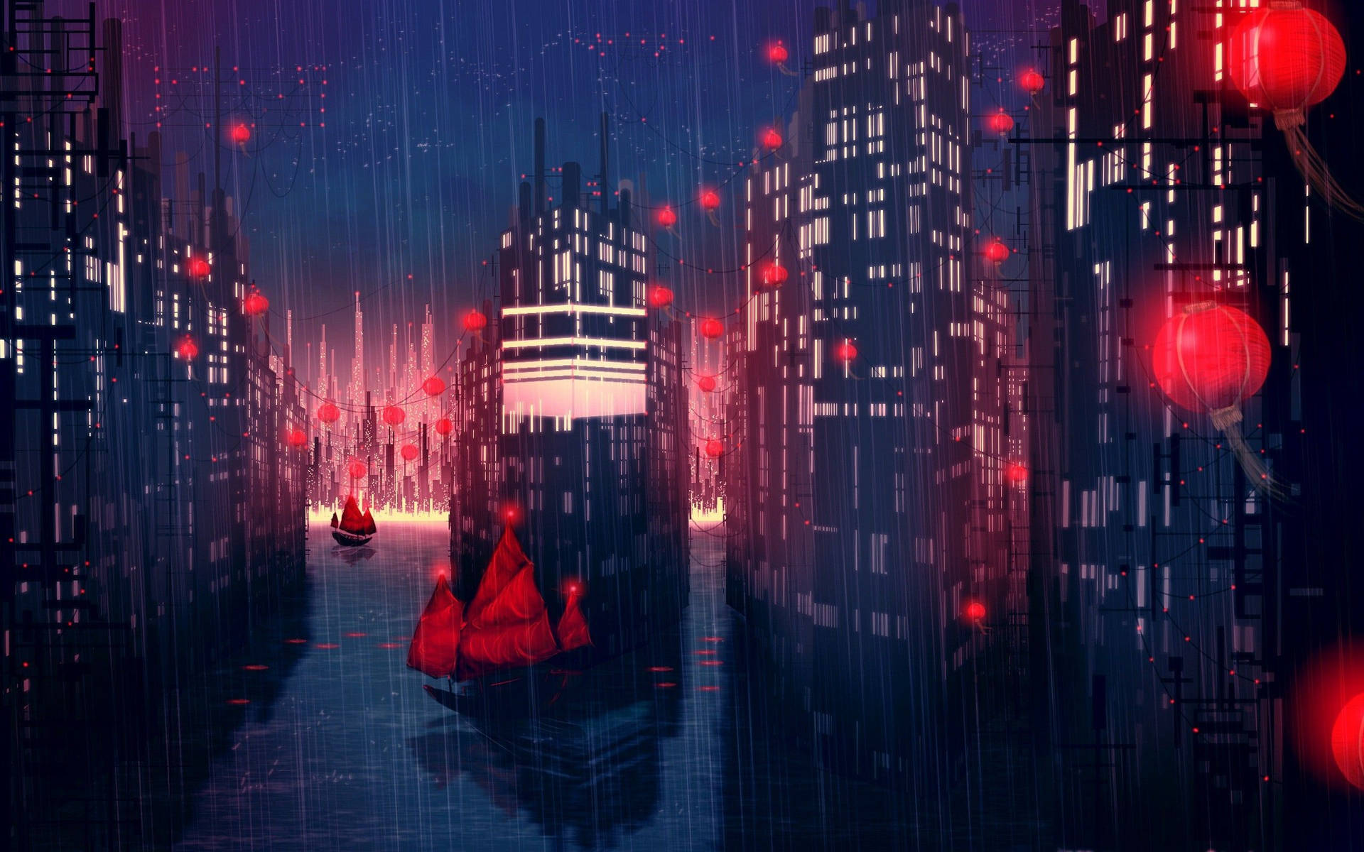 Red Lanterns All Over Anime Night City Background